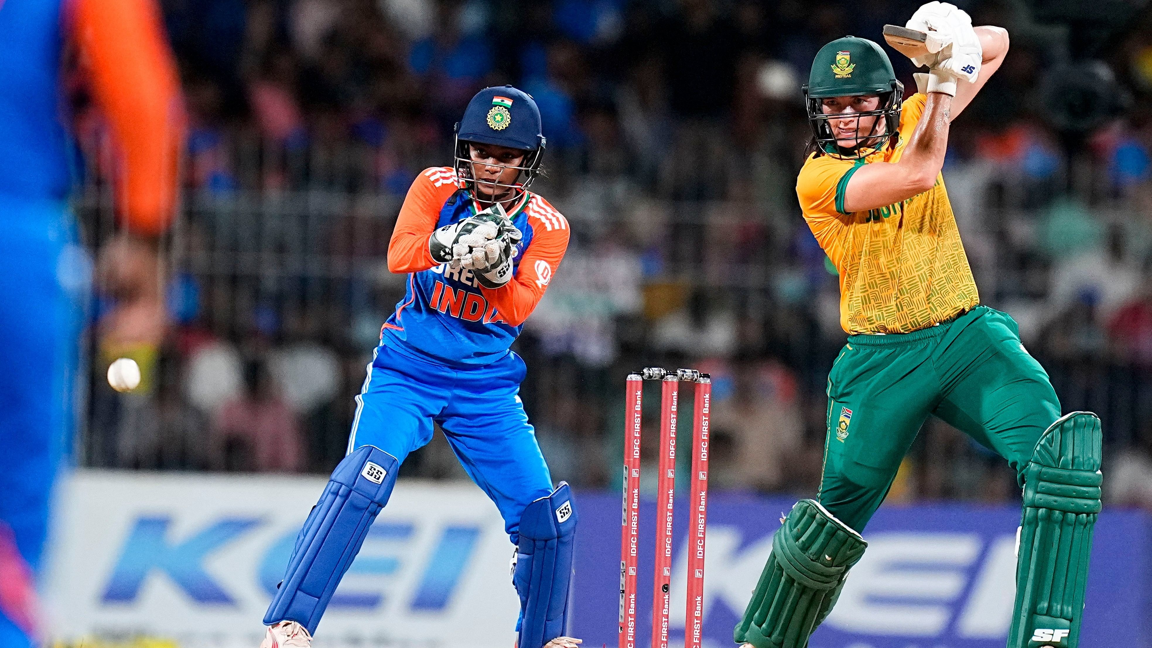 <div class="paragraphs"><p>Chennai: South Africa Women's Tazmin Brits plays a shot during the second T20 cricket match of a series between India Women and South Africa Women, at the MA Chidambaram Stadium, in Chennai, Sunday, July 7, 2024.</p></div>