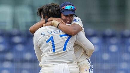 <div class="paragraphs"><p>India's Shafali Verma celebrates with captain Harmanpreet Kaur after taking the wicket of South Africa's Masabata Klaas on the 4th and last day of the one-off test cricket match between India and South Africa at MA Chidambaram Stadium, in Chennai, Monday, July 1, 2024.</p></div>