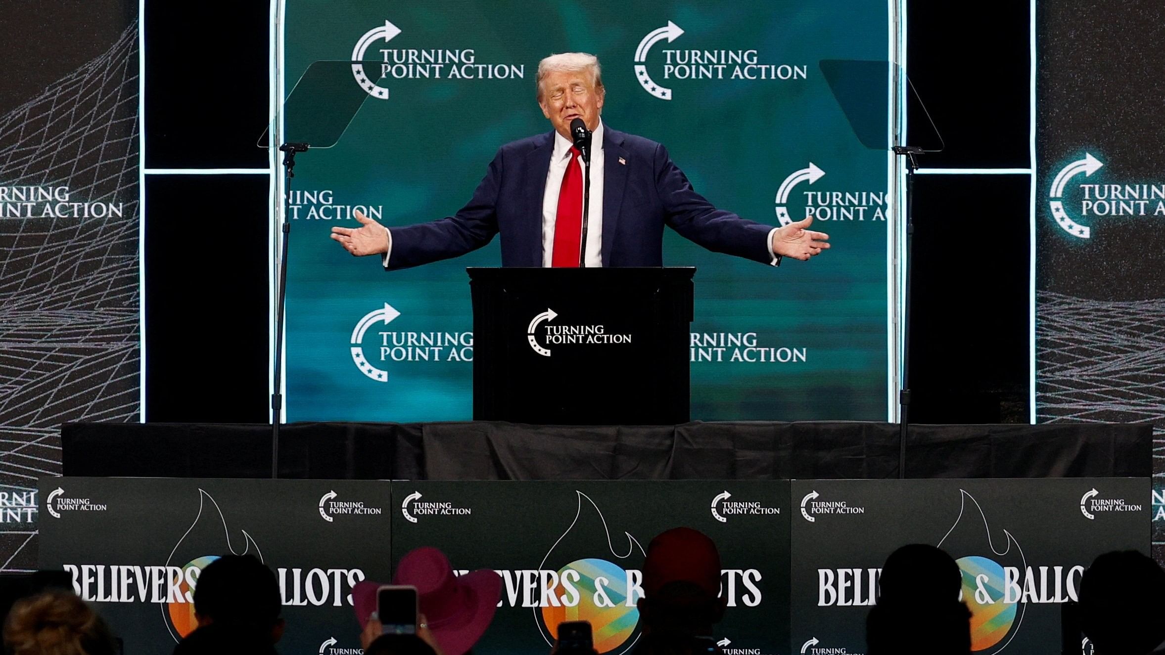 <div class="paragraphs"><p>Republican presidential nominee and former US President Donald Trump speaks at Turning Point Action's The Believers Summit 2024 in West Palm Beach, Florida.</p></div>