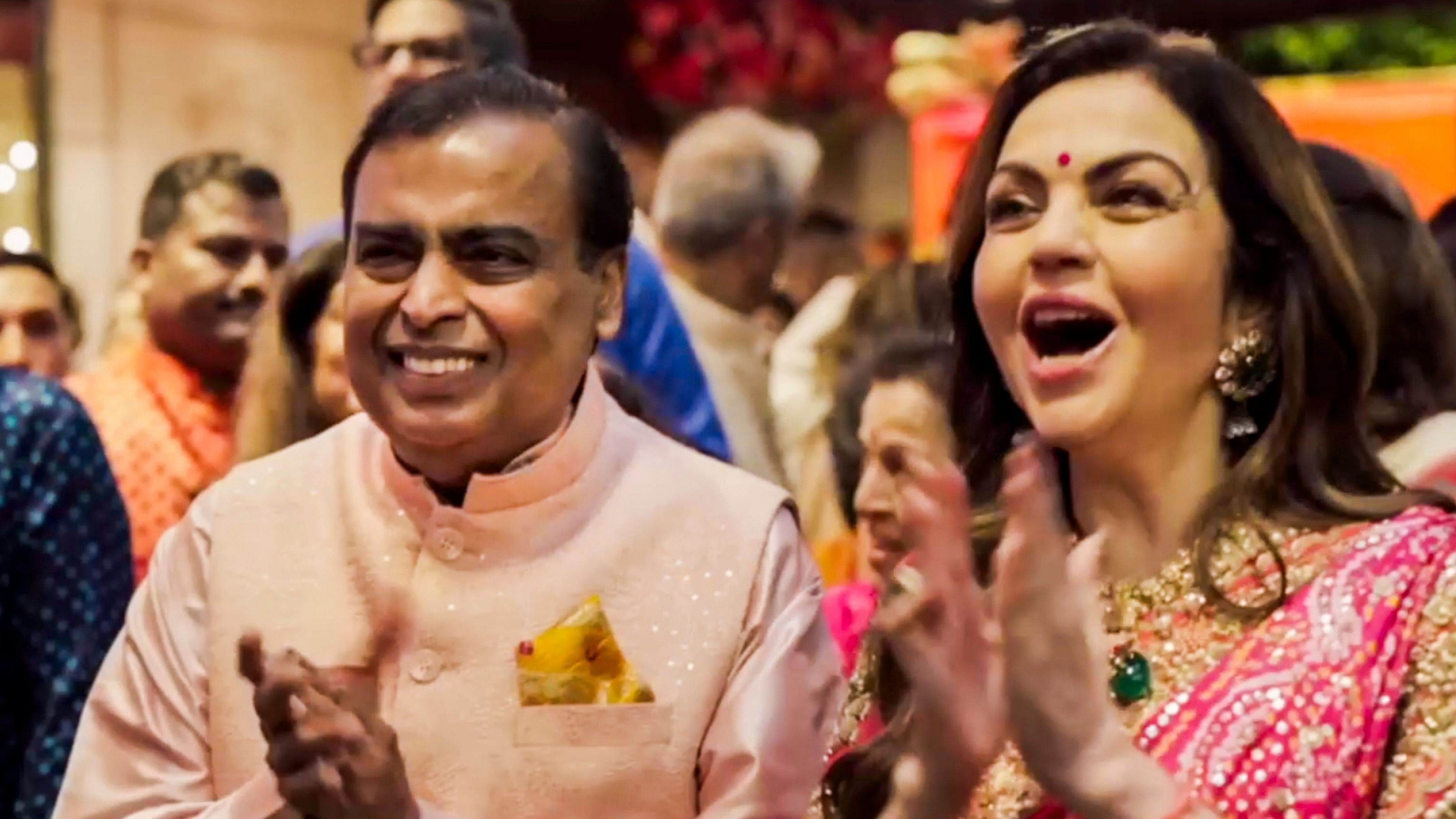 <div class="paragraphs"><p>Reliance Industries Chairman Mukesh Ambani and his wife Nita Ambani during a ceremony ahead of the wedding of their son Anant Ambani and Radhika Merchant, at Antilia, in Mumbai.</p></div>