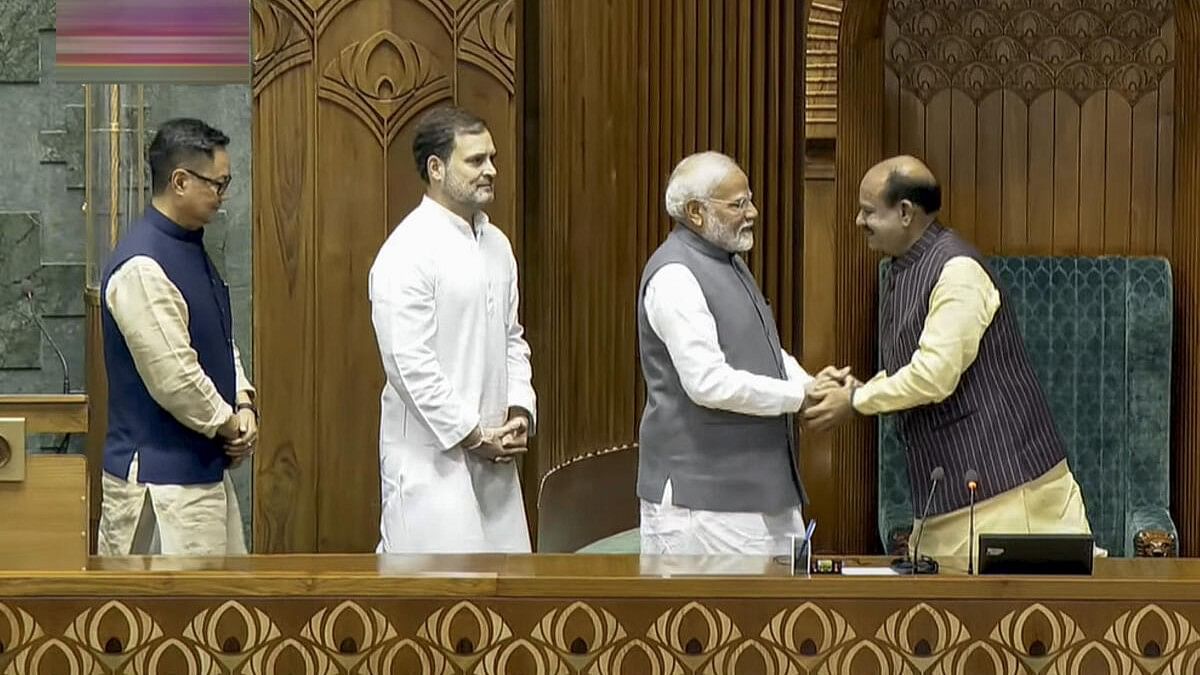 <div class="paragraphs"><p>Prime Minister Narendra Modi greets Om Birla after the latter was elected as the Speaker of the House during the first session of the 18th Lok Sabha, in New Delhi.</p></div>