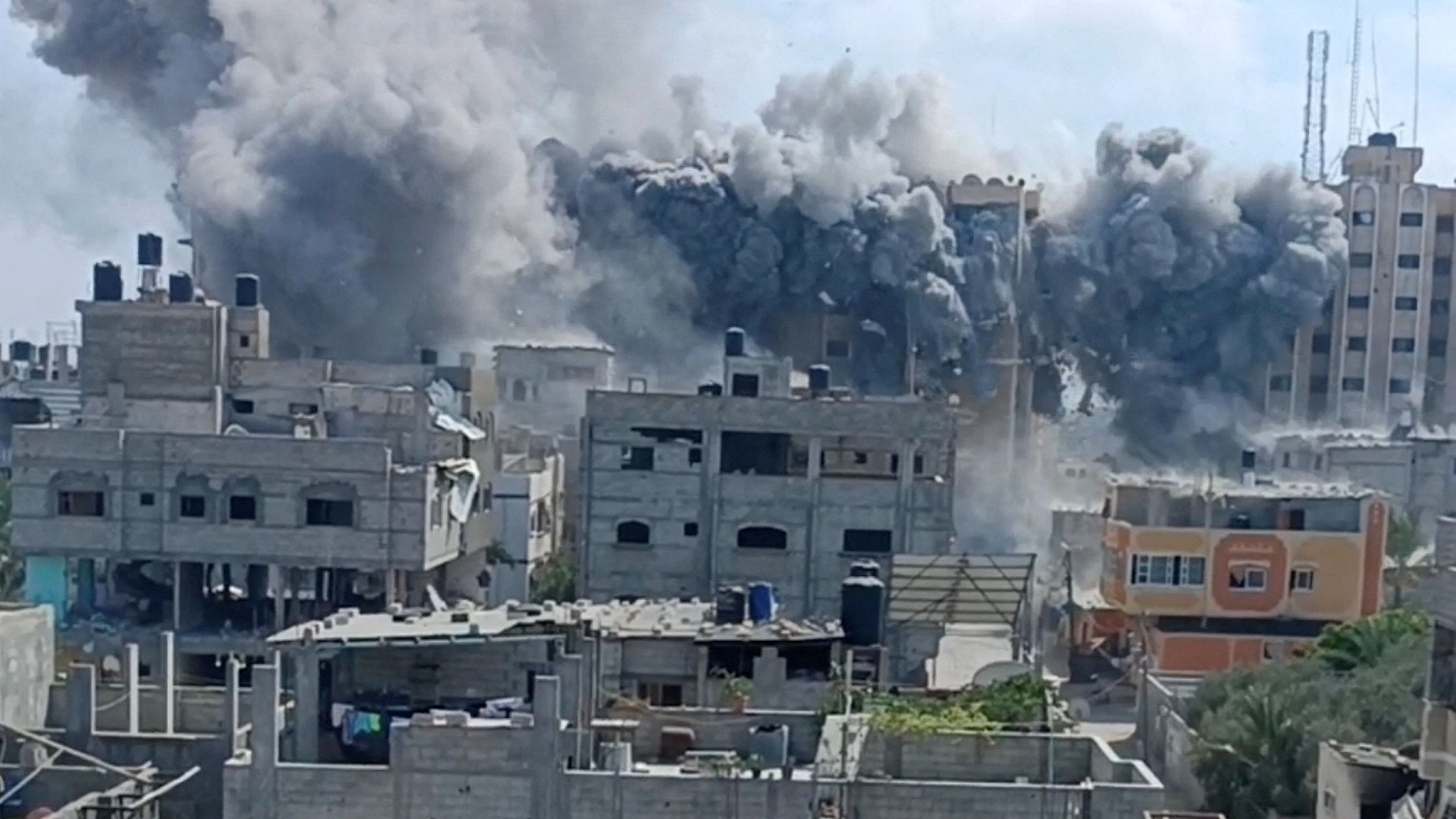 <div class="paragraphs"><p>Smoke rises during an Israeli strike on a residential building, amid the ongoing Israel-Hamas conflict, in Nuseirat in the central Gaza Strip, in this still image taken from a video, July 22, 2024. </p></div>