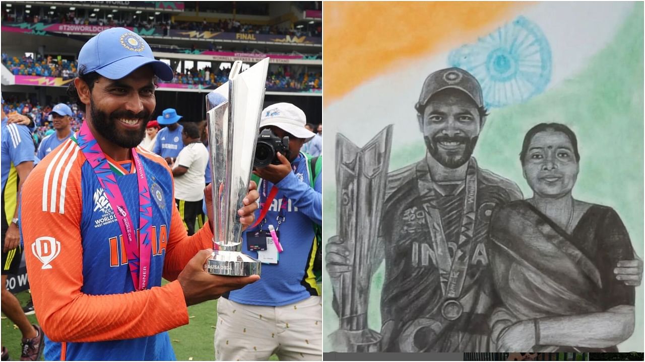 <div class="paragraphs"><p>Ravindra Jadeja with the World Cup trophy (left) and the sketch shared by the cricketer on Instagram.&nbsp;</p></div>