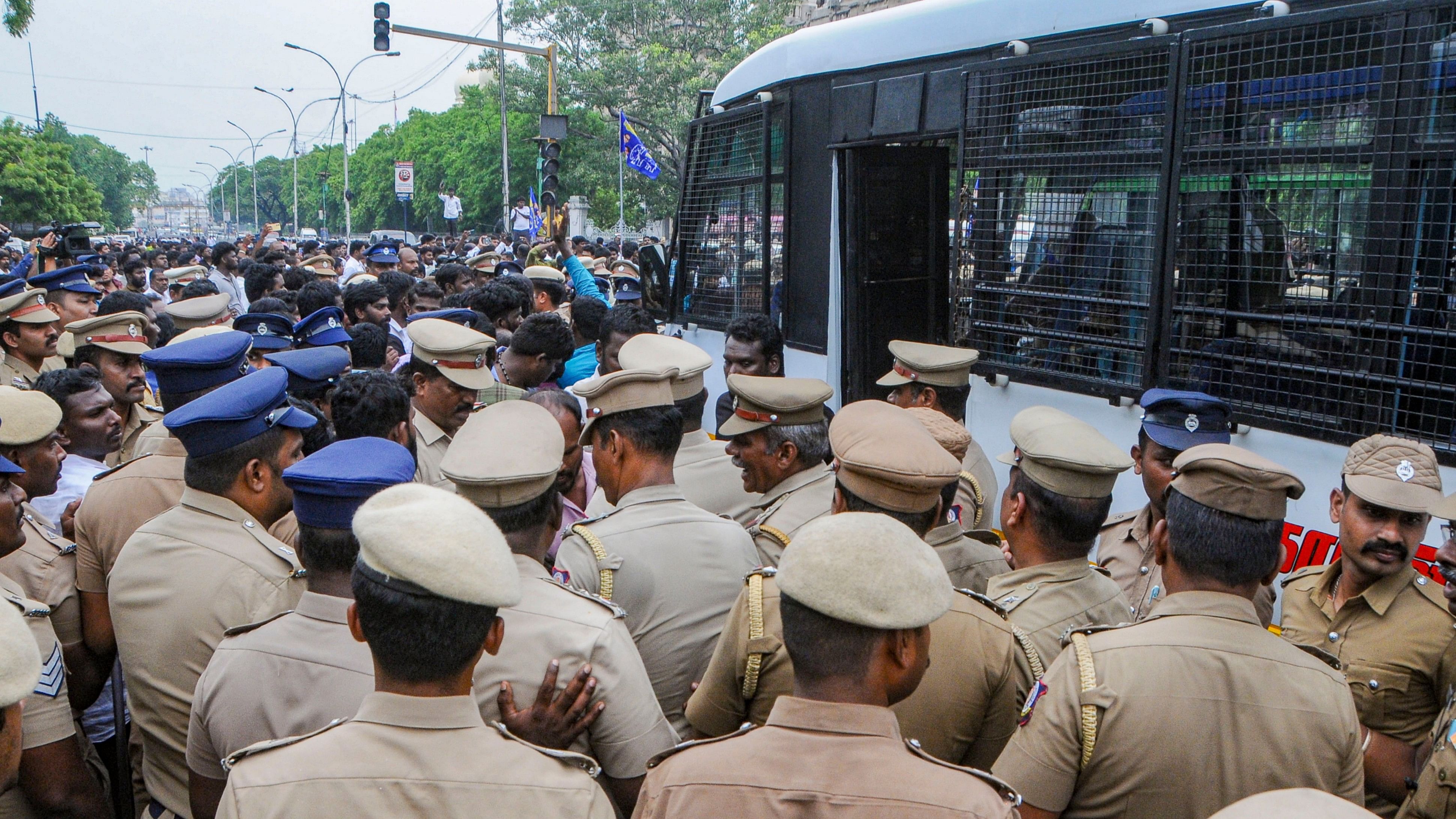 <div class="paragraphs"><p>Chennai: Police personnel deployed to maintain law &amp; order after Bahujan Samaj Party (BSP) supporters staged a protest over Tamil Nadu BSP President K. Armstrong's killing, in Chennai, Saturday, July 6, 2024. </p></div>