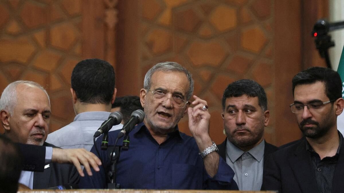 <div class="paragraphs"><p>Iran's President-elect Masoud Pezeshkian speaks during a gathering with his supporters in south of Tehran.</p></div>