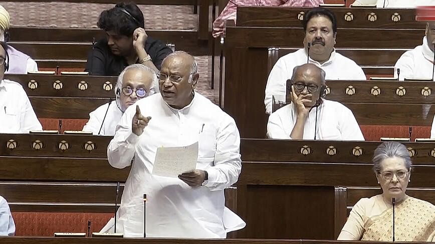 <div class="paragraphs"><p>Congress President Mallikarjun Kharge speaks in the Rajya Sabha.</p></div>