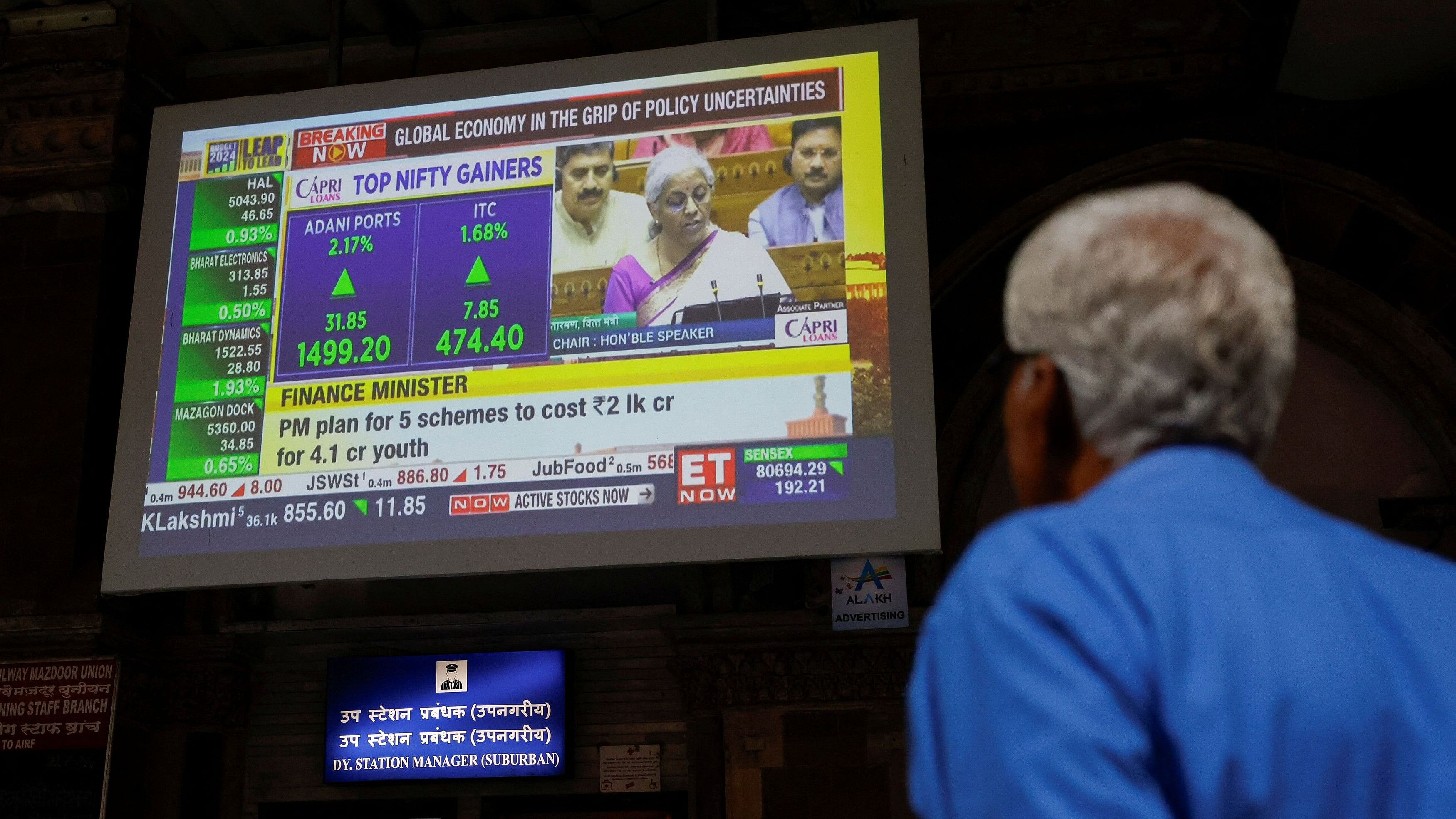 <div class="paragraphs"><p>A man watches a screen displaying India's Finance Minister Nirmala Sitharaman's budget speech.</p></div>