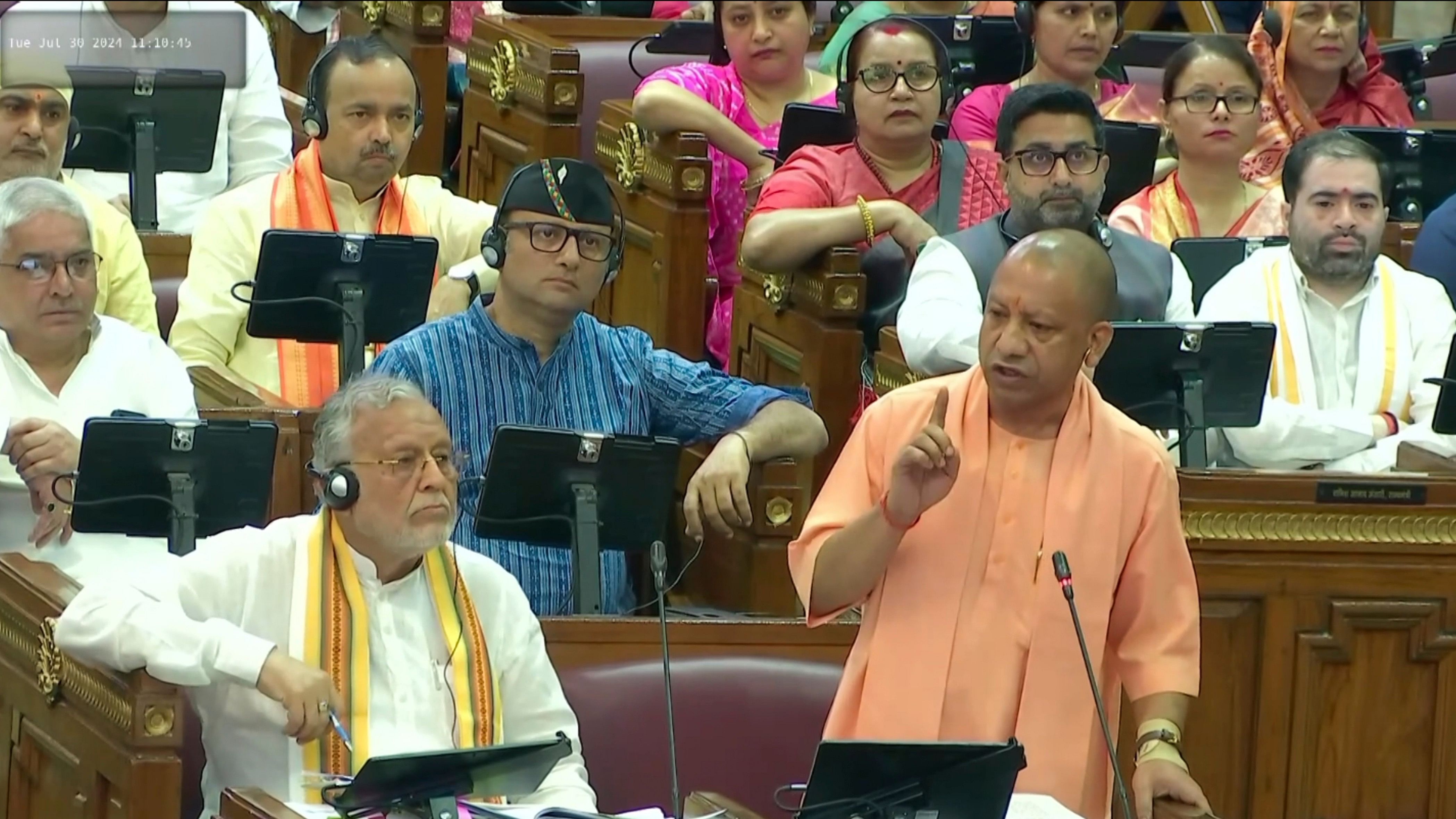 <div class="paragraphs"><p>Uttar Pradesh Chief Minister Yogi Adityanath speaks in the State Assembly during the Monsoon session, at Vidhan Bhawan, in Lucknow, Tuesday, July 30, 2024.</p></div>