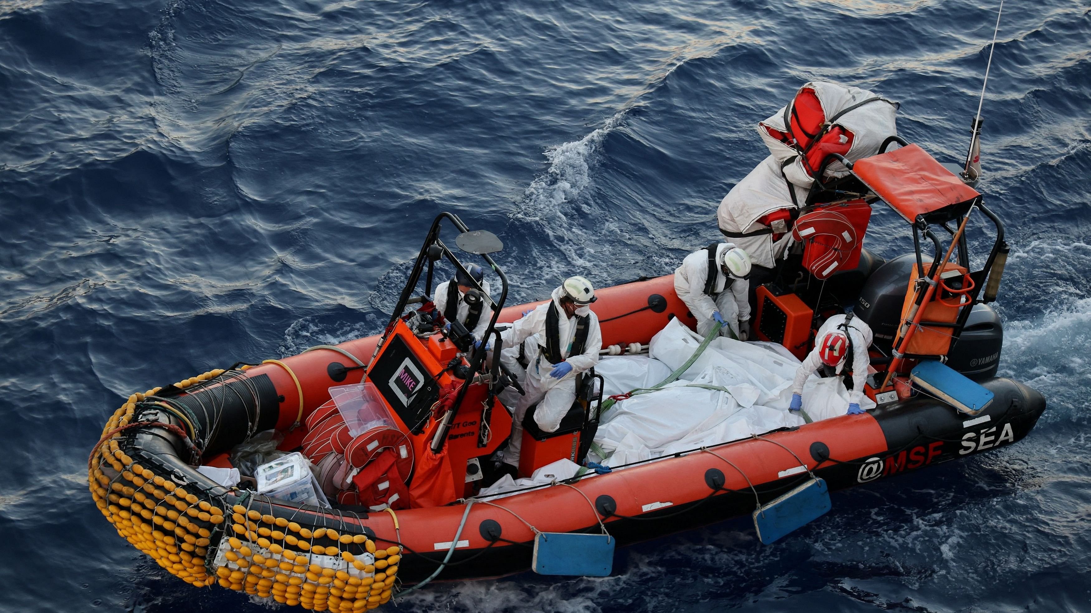 <div class="paragraphs"><p>The image shows Medecins Sans Frontieres  teams sailing on the boat with dead bodies of migrants in body bags retrived from the Mediterranean sea June 7, 2024. </p></div>