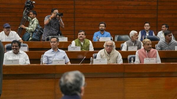 <div class="paragraphs"><p>Congress MPs Kodikunnil Suresh, Gaurav Gogoi, Jairam Ramesh and Pramod Tiwari, AAP MP Sanjay Singh, YSRCP MP V. Vijayasai Reddy and other leaders attend the all-party meeting ahead of the Budget session of Parliament, in New Delhi, Sunday, July 21, 2024.</p></div>