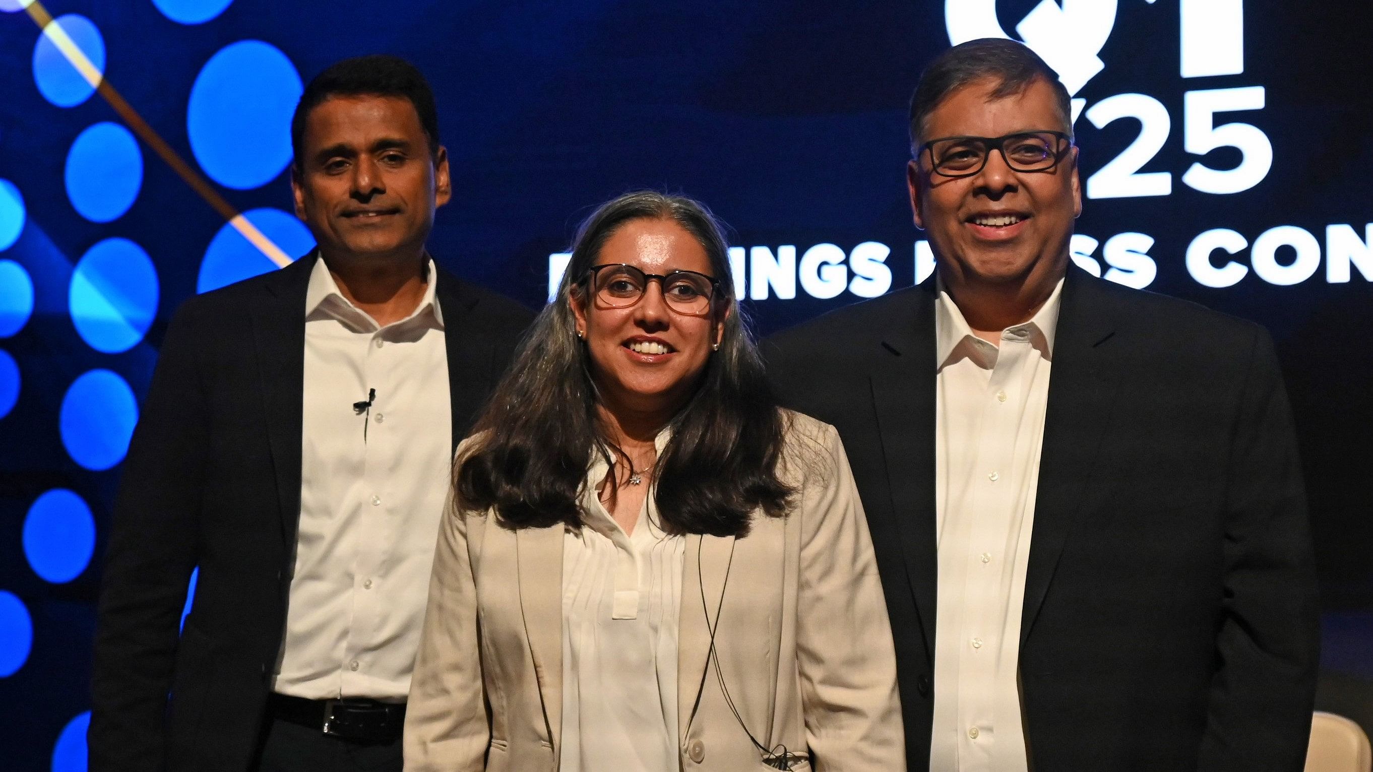 <div class="paragraphs"><p>(L-R) Wipro's CEO and Managing Director Srini Pallia, Chief Financial Officer Aparna Iyer and Chief Human Resources Officer Saurabh Govil during the quarterly results announcement in Bengaluru on Friday. </p></div>