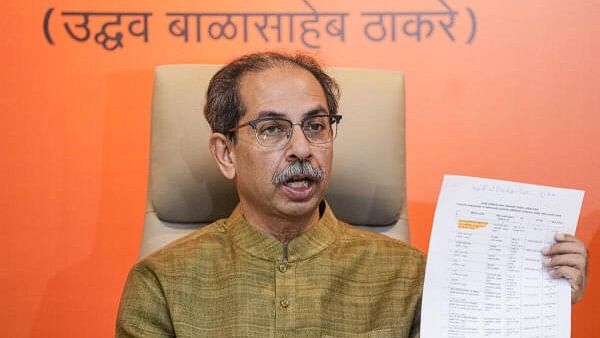 <div class="paragraphs"><p>Shiv Sena (UBT) chief Uddhav Thackeray addresses a press conference at Shiv Sena Bhavan, in Mumbai, Saturday.&nbsp;</p></div>