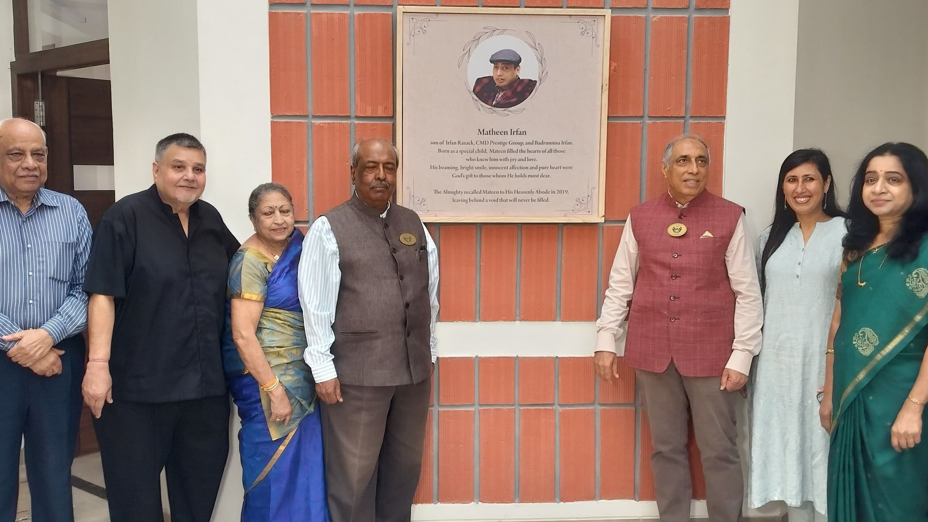 K Jairaj, chairman of the managing committee of Association for the Mentally Challenged; Irfan Razack, chairman and MD, Prestige Group; his daughter and Prestige Group director Uzma Irfan; Maya Chandra, trustee of Rashtreeya Sikshana Samithi Trust; Prof YSR Murthy, founding VC of RV University; Suryawanshi, state commissioner for the Rights of Persons with Disabilities and G N Nagaraj of the Karnataka State Disabled and Caregivers Federation at the inauguration of the Matheen Irfan Skill Centre on Saturday. 