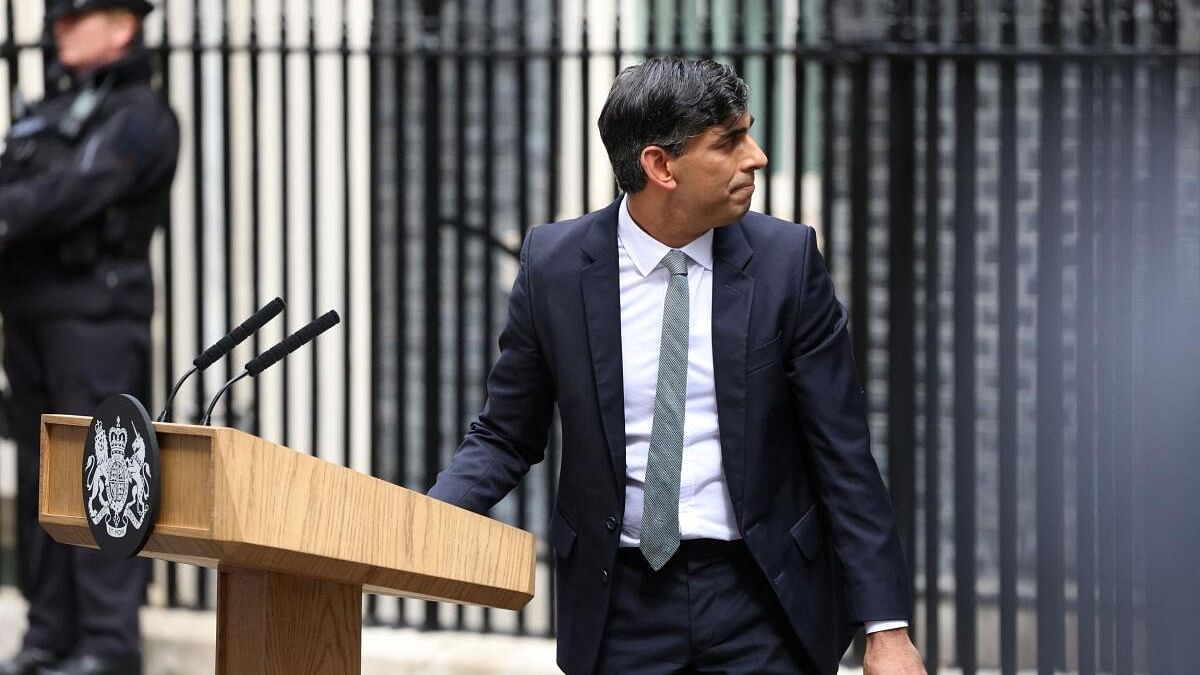 <div class="paragraphs"><p>Former British Prime Minister Rishi Sunak looks on as he speaks at Number 10 Downing Street, following the results of the elections, in London, Britain, July 5, 2024.</p></div>