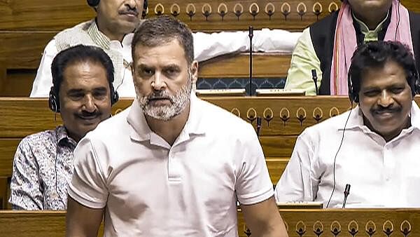 <div class="paragraphs"><p>Leader of the Opposition in the Lok Sabha Rahul Gandhi speaks in the House during the first day of the Parliament session, in New Delhi, Monday, July 22, 2024.</p></div>