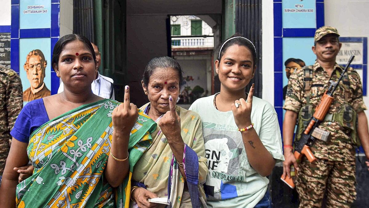 <div class="paragraphs"><p>Voters show their ink-marked finger after casting vote during Maniktala assembly bypoll.&nbsp;</p></div>