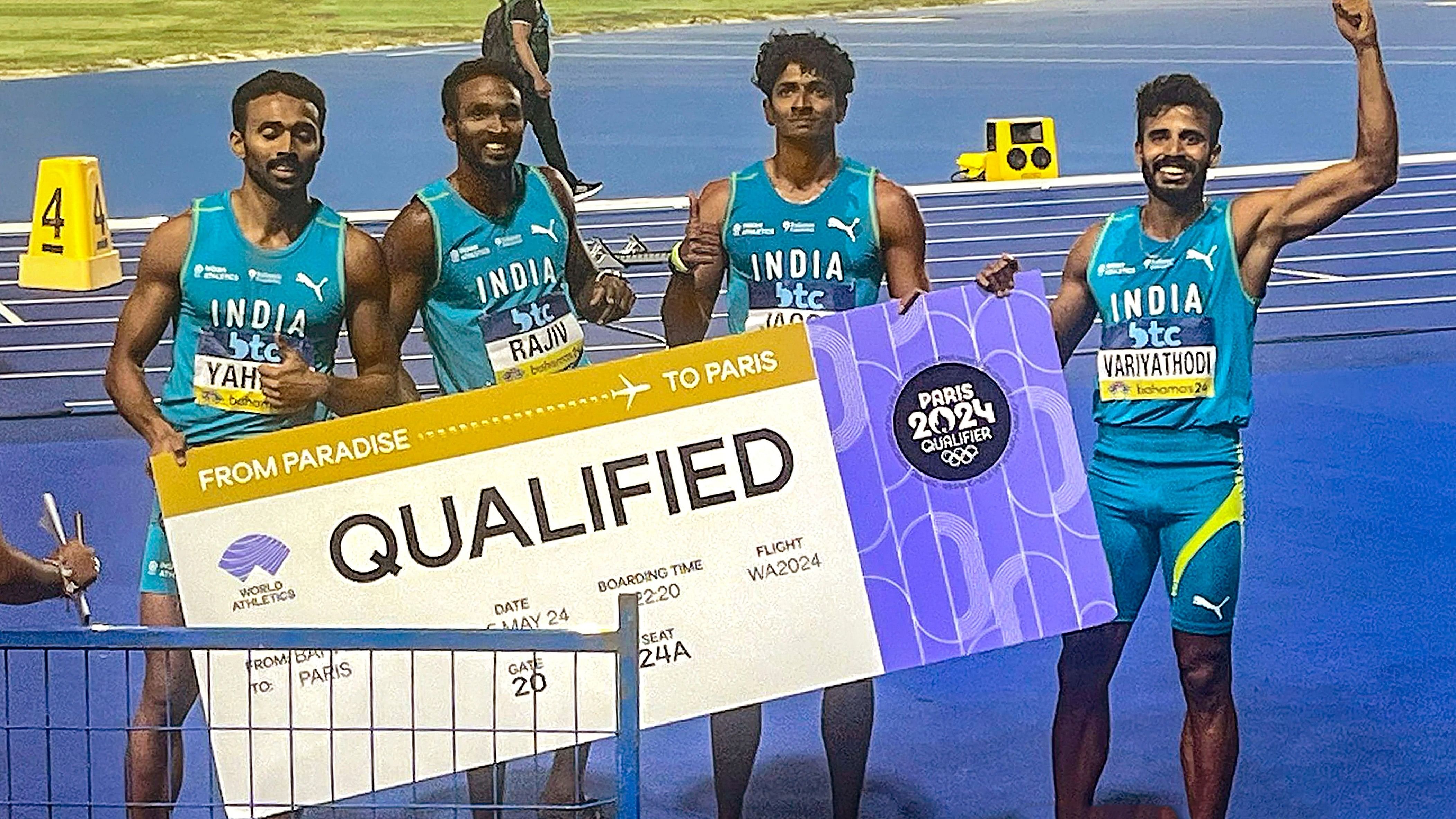 <div class="paragraphs"><p>Indian men's 4x400m relay team members Muhammed Anas Yahiya, Muhammed Ajmal, Arokia Rajiv and Amoj Jacob pose for photos after qualifying for Paris Olympics at the World Athletics Relays in Nassau, Bahamas.</p></div>