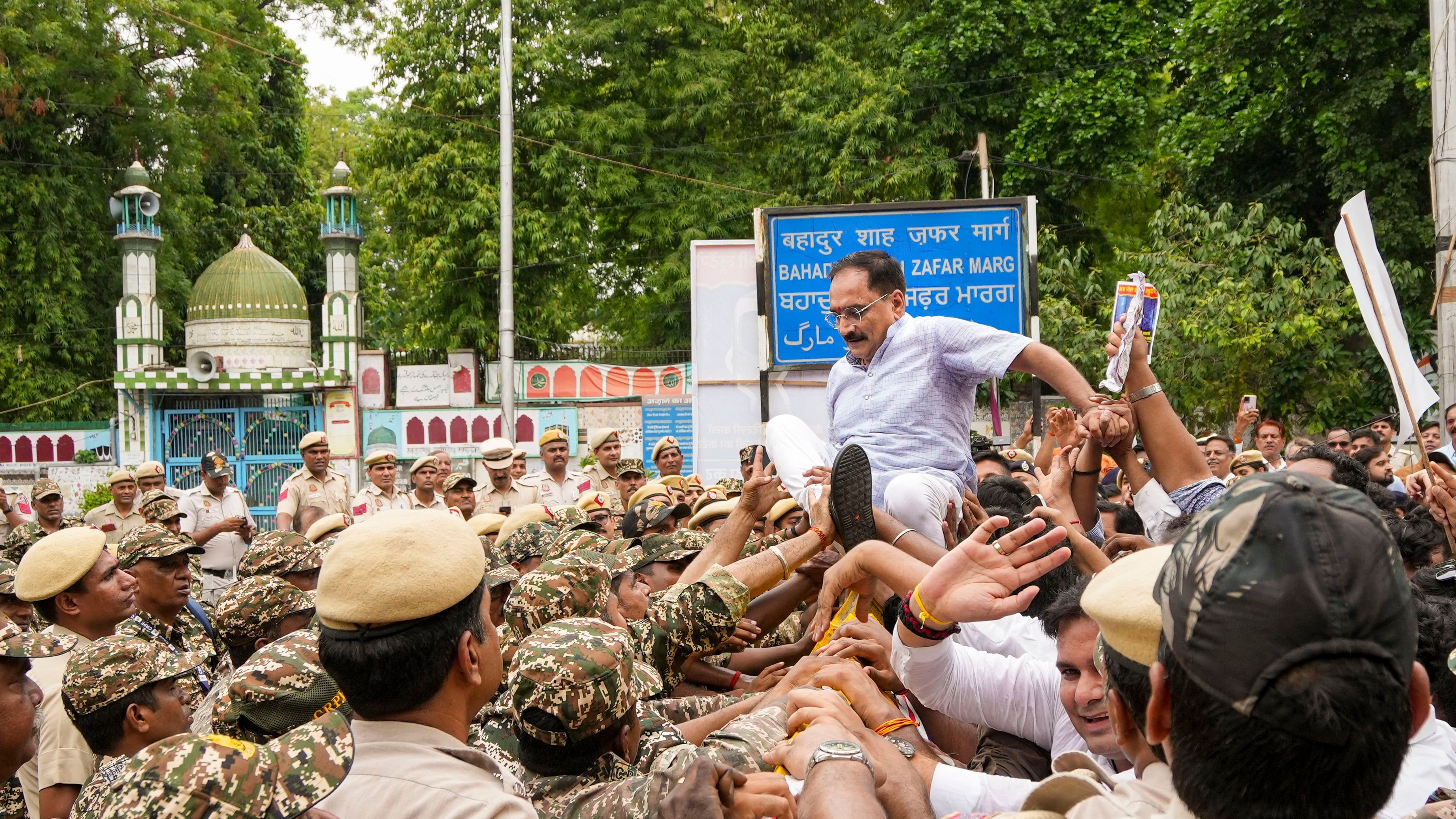 <div class="paragraphs"><p>Delhi BJP President Virendra Sachdeva and others protest against alleged electricity price hike, in New Delhi.</p></div>