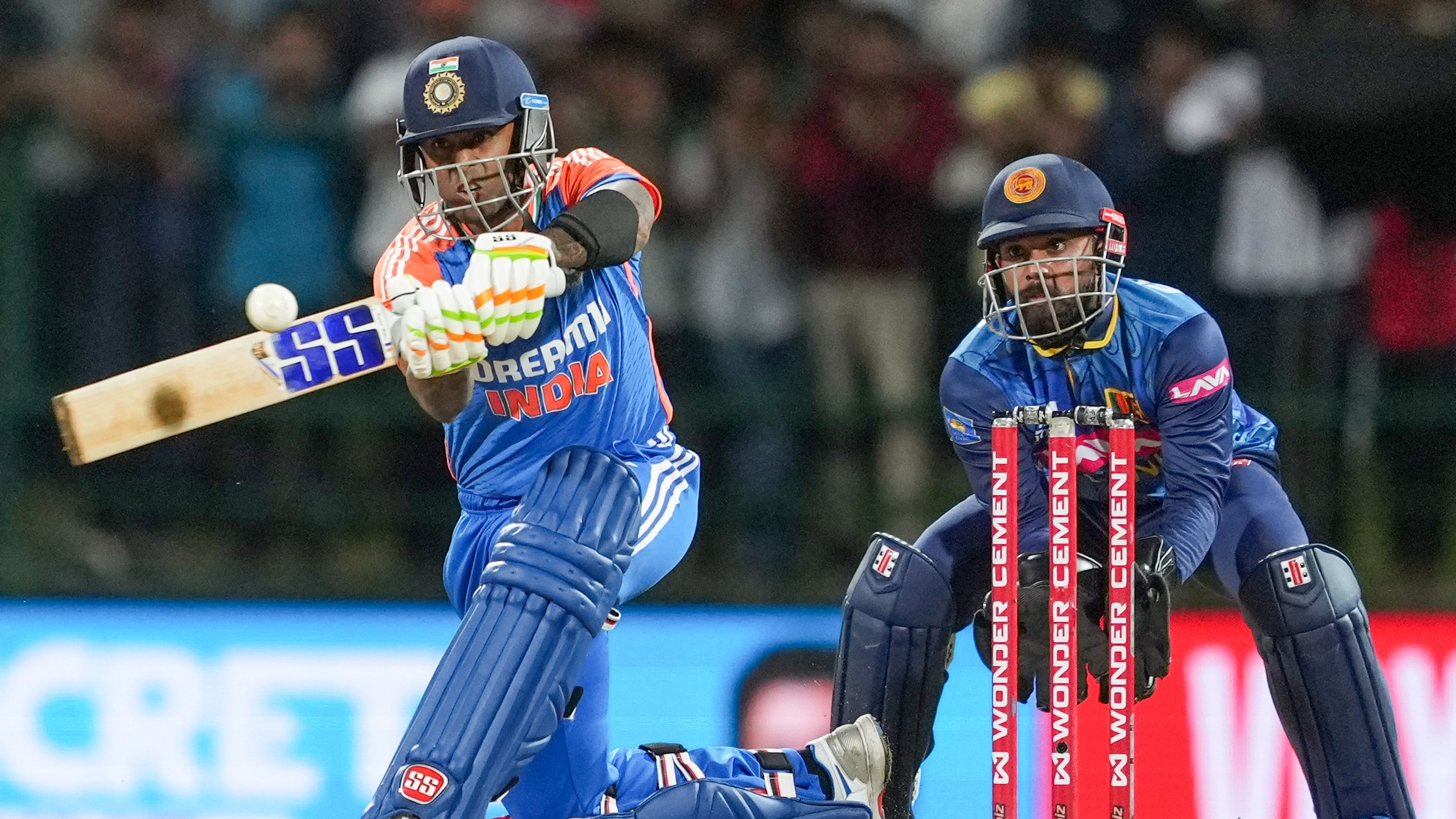 <div class="paragraphs"><p>India's Suryakumar Yadav plays a shot during the second T20 International cricket match between India and Sri Lanka, at the Pallekele International Cricket Stadium, in Pallekele, Sunday, July 28, 2024.</p></div>