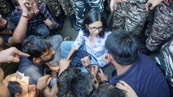 <div class="paragraphs"><p>AAP MP Swati Maliwal takes part in a protest of students over the death of three civil services aspirants after the basement of a coaching centre was flooded following heavy rain, in New Delhi.</p></div>