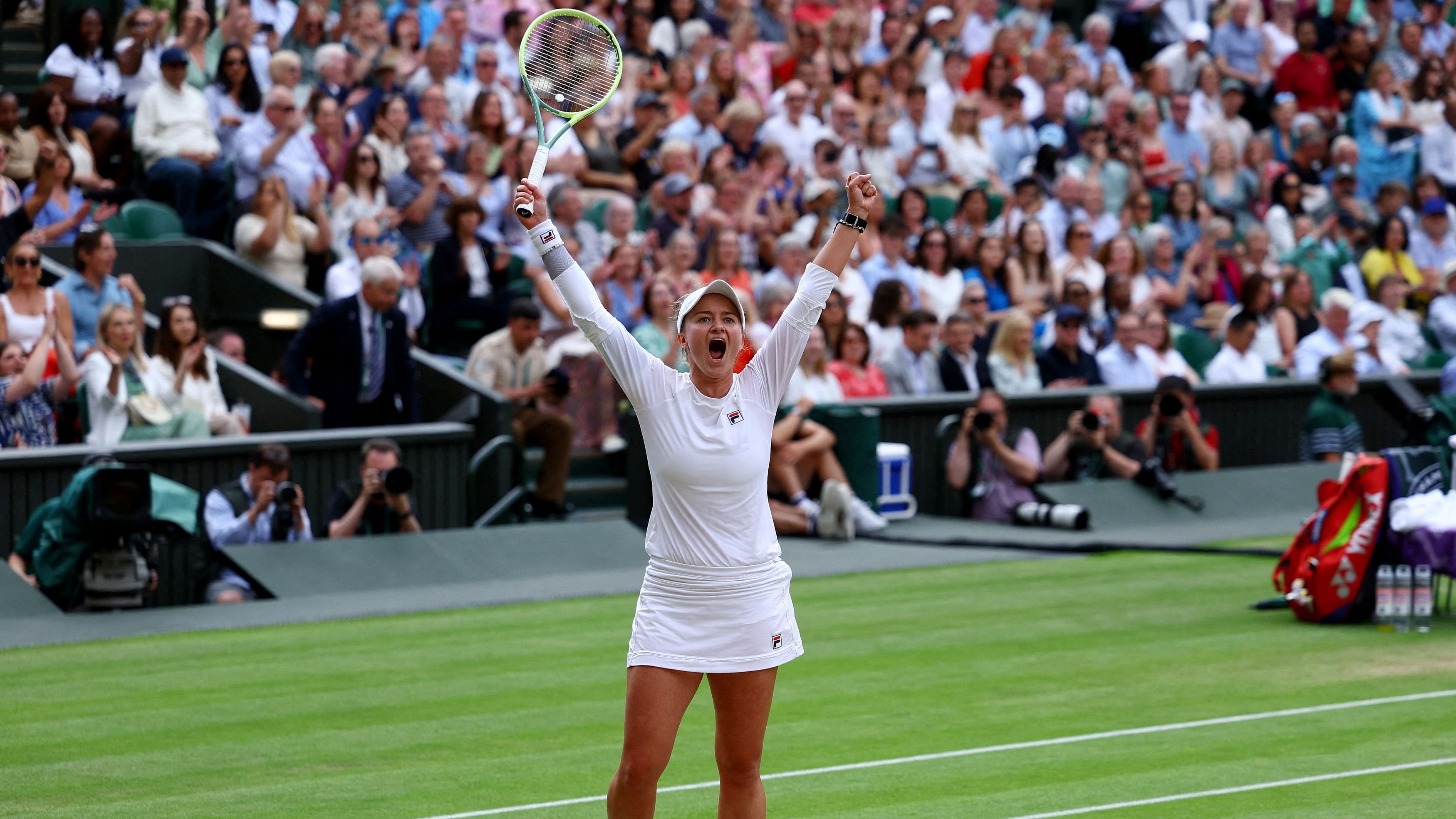 <div class="paragraphs"><p>Czech Republic's Barbora Krejcikova celebrates after winning her semi final match against Kazakhstan's Elena Rybakina.</p></div>