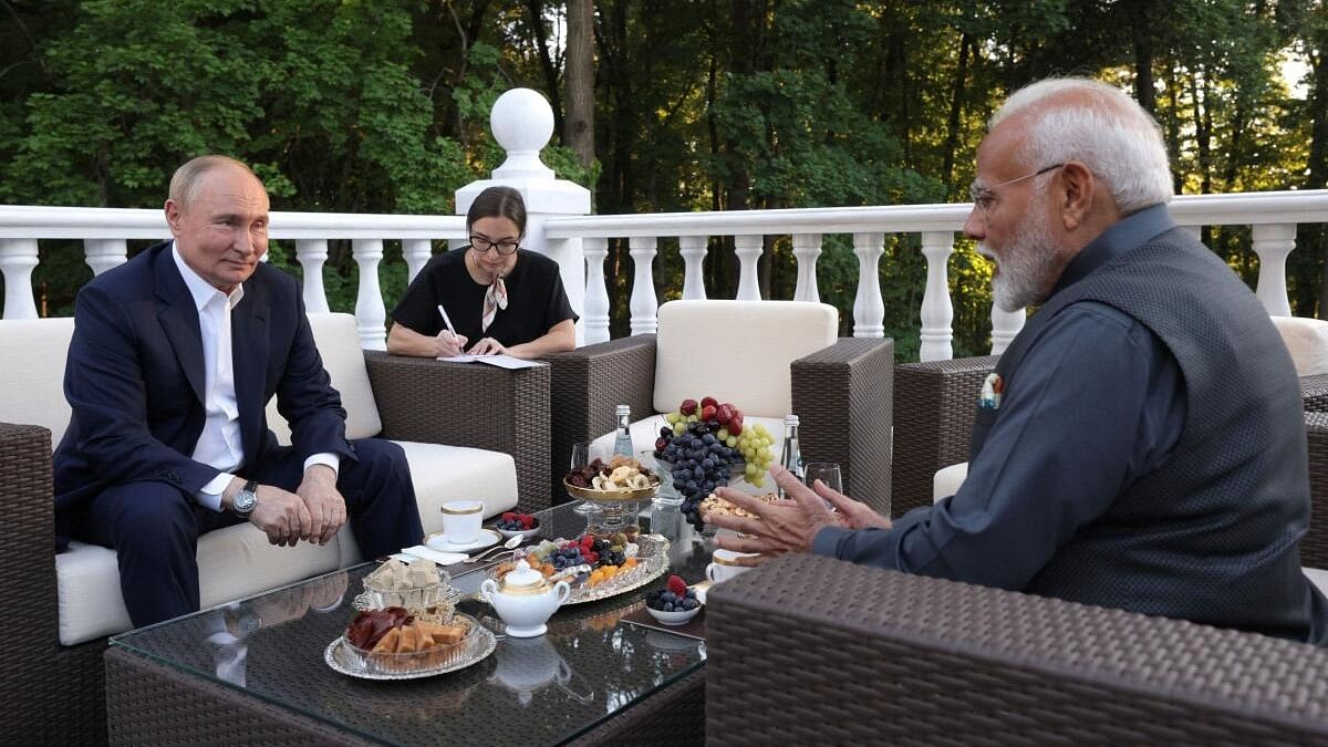 <div class="paragraphs"><p>Russia's President Vladimir Putin and India's Prime Minister Narendra Modi attend a meeting at the Novo-Ogaryovo state residence near Moscow, Russia July 8, 2024.</p></div>