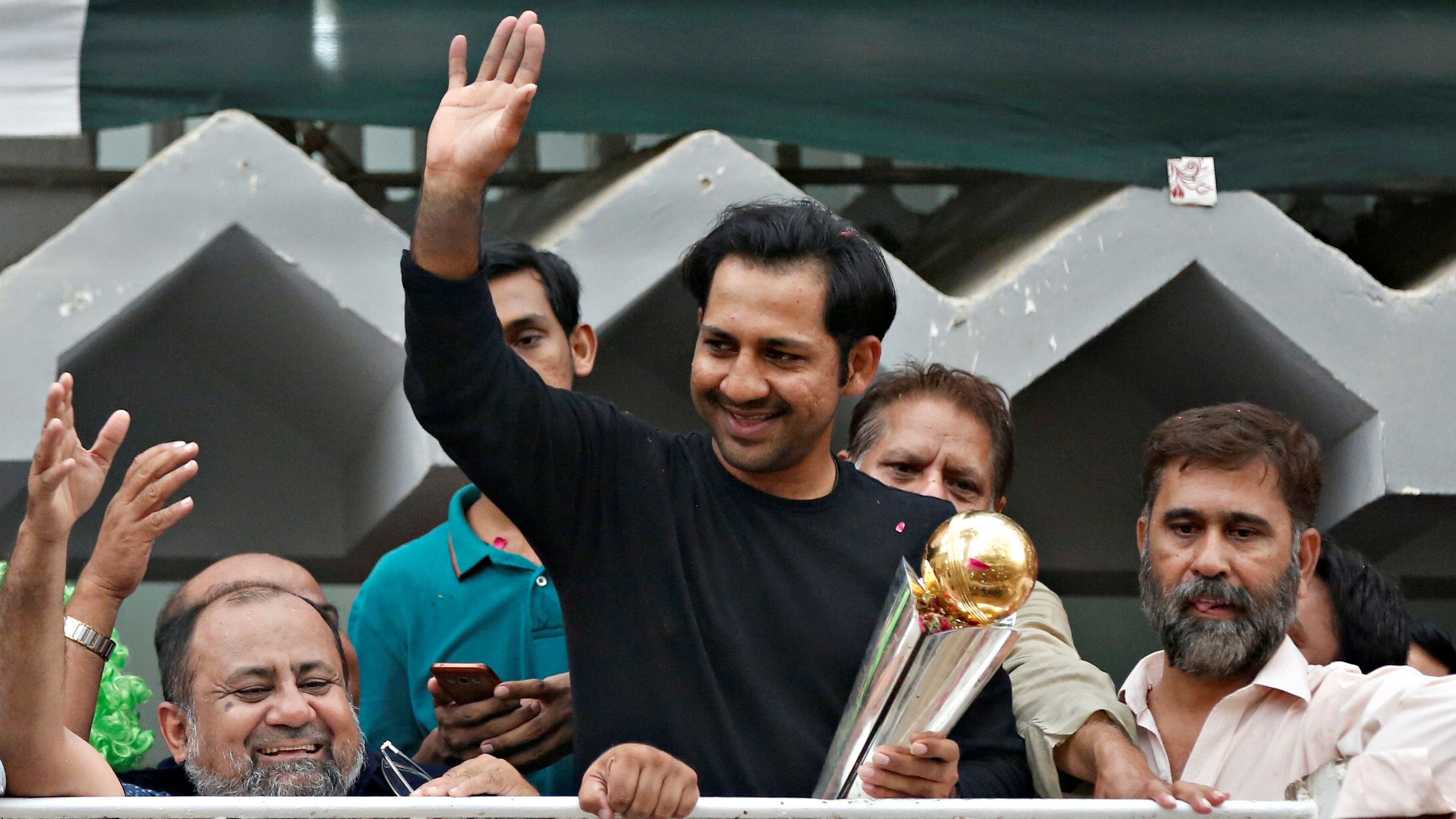 <div class="paragraphs"><p>Pakistan's Sarfraz Ahmed after&nbsp;winning the ICC Champions Trophy in 2017</p></div>