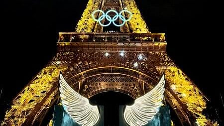 <div class="paragraphs"><p>A general view showing wings and the Olympic rings on the Eiffel Tower during the opening ceremony.</p></div>