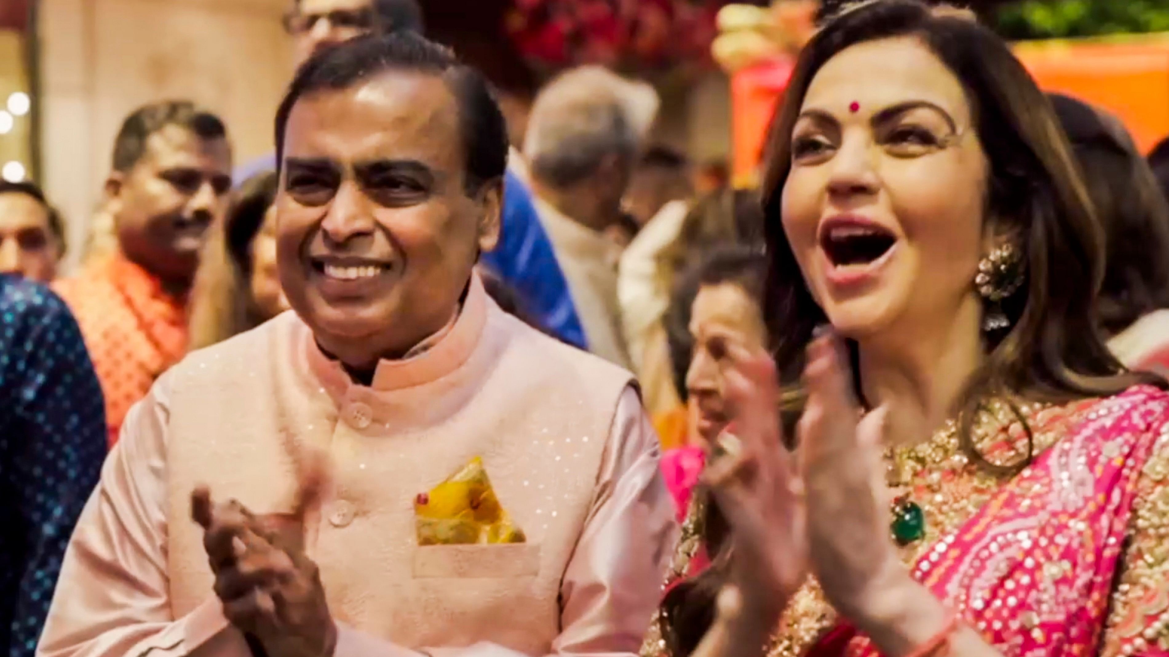 <div class="paragraphs"><p>Reliance Industries Chairman Mukesh Ambani and his wife Nita Ambani during a ceremony ahead of the wedding of their son Anant Ambani and Radhika Merchant, at Antilia, in Mumbai.</p></div>