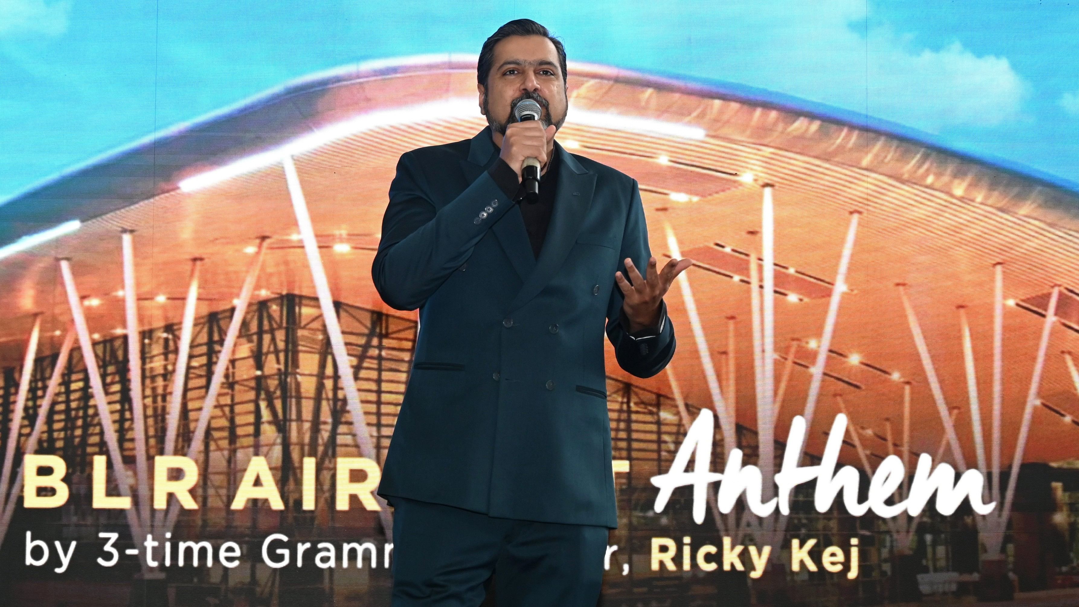 <div class="paragraphs"><p>Three-time Grammy Award winner Ricky Kej at the launch of the anthem at the Kempegowda International Airport on Friday. </p></div>