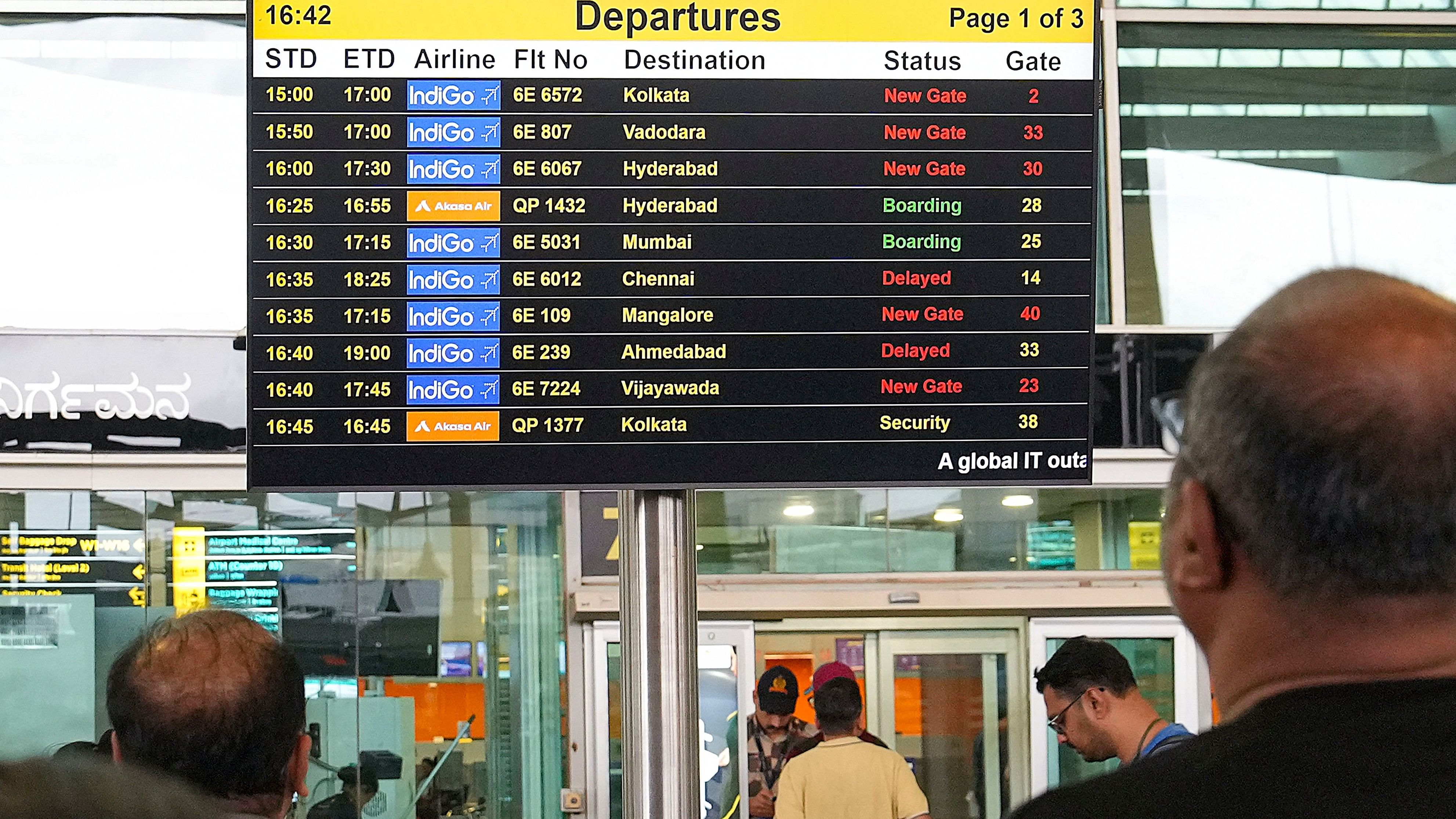 <div class="paragraphs"><p>Stranded passengers at the Kempegowda International Airport Bengaluru amid Microsoft outage, in Bengaluru, Friday, July 19, 2024. Indigo, Air India Express, SpiceJet and Akasa at the Bengaluru airport began checking in passengers manually on Friday, issuing handwritten boarding passes, after a global Microsoft outage led to the Navitaire Departure Control System stalling.</p></div>