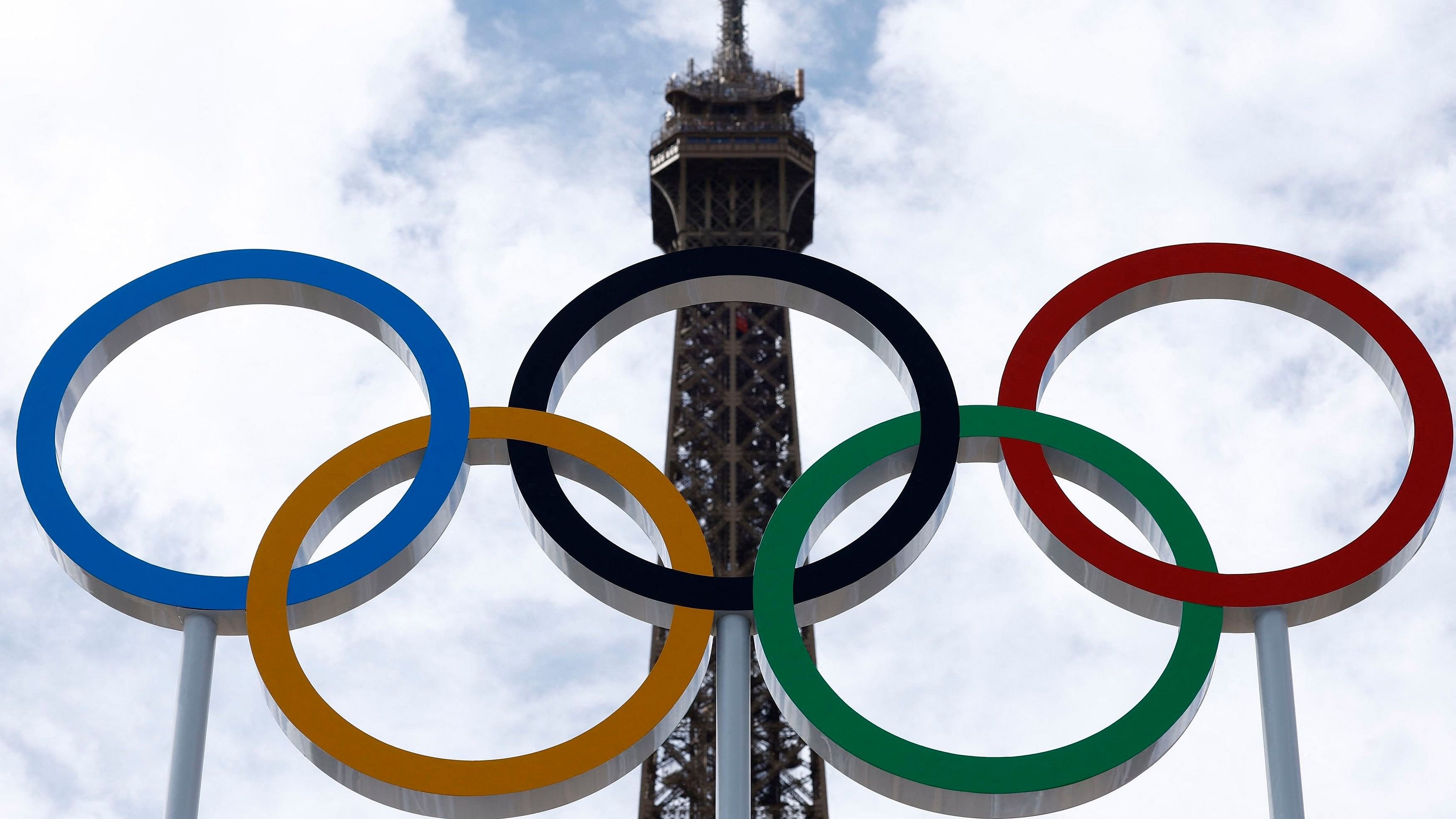 <div class="paragraphs"><p>The Olympic rings are seen on Eiffel Tower Stadium, the venue for beach volleyball at the Olympics </p></div>