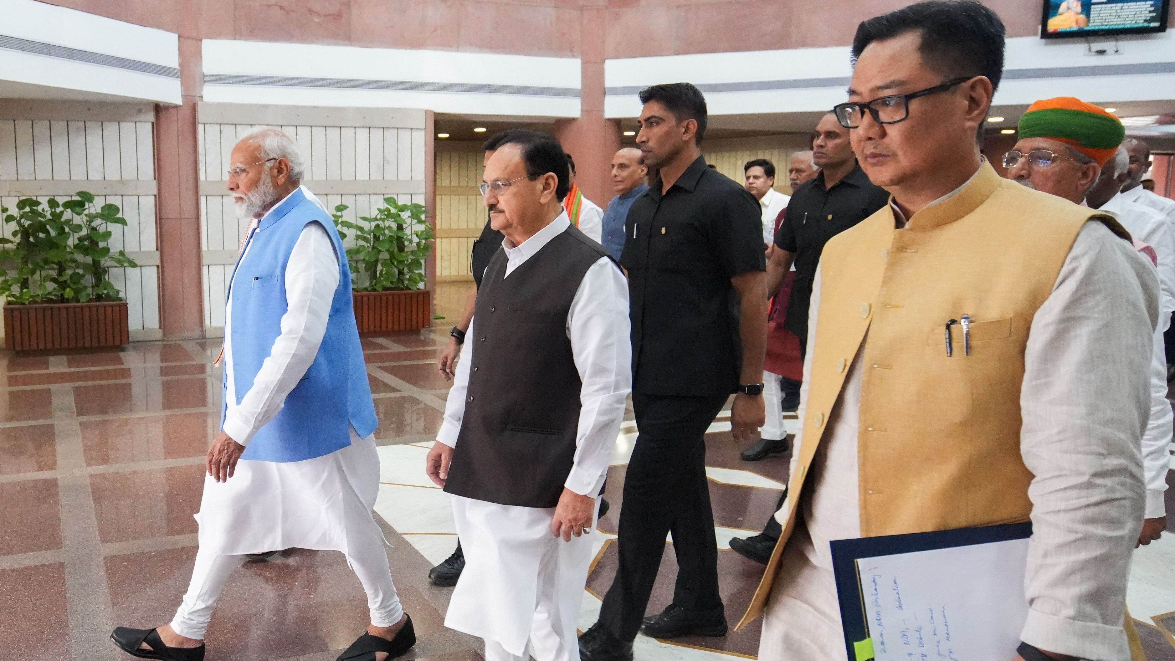 <div class="paragraphs"><p>Prime Minister Narendra Modi with Union Ministers Jagat Prakash Nadda and Kiren Rijiju.</p></div>