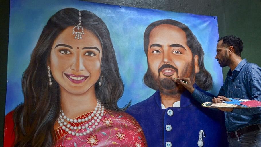 <div class="paragraphs"><p>Artist Jagjot Singh Rubal gives final touches to portraits of Radhika Merchant and Anant Ambani.</p></div>