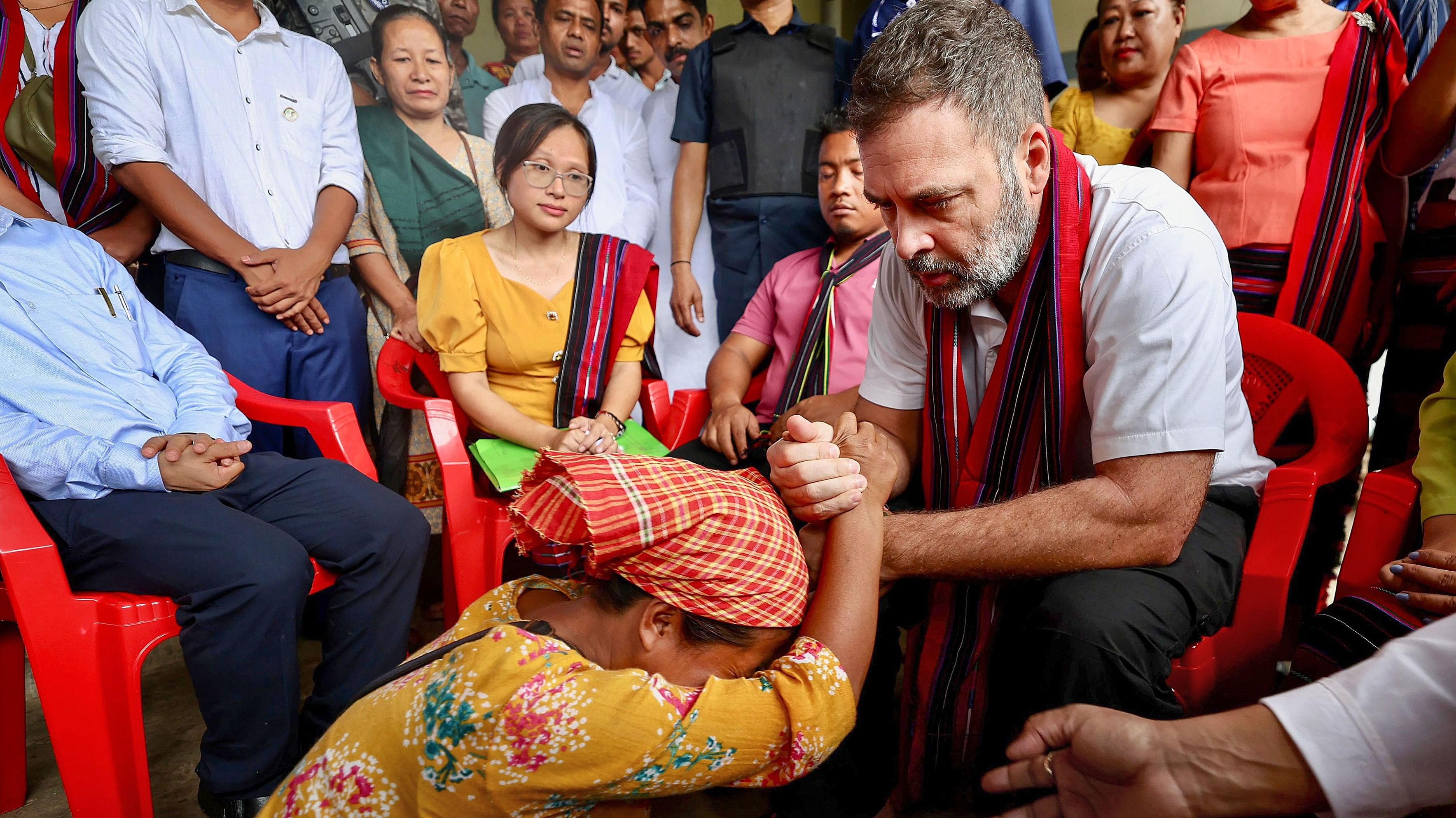 <div class="paragraphs"><p>Congress MP Rahul Gandhi meets flood-hit people at Fulertal in Lakhimpur district of Assam, July 8, 2024.</p></div>