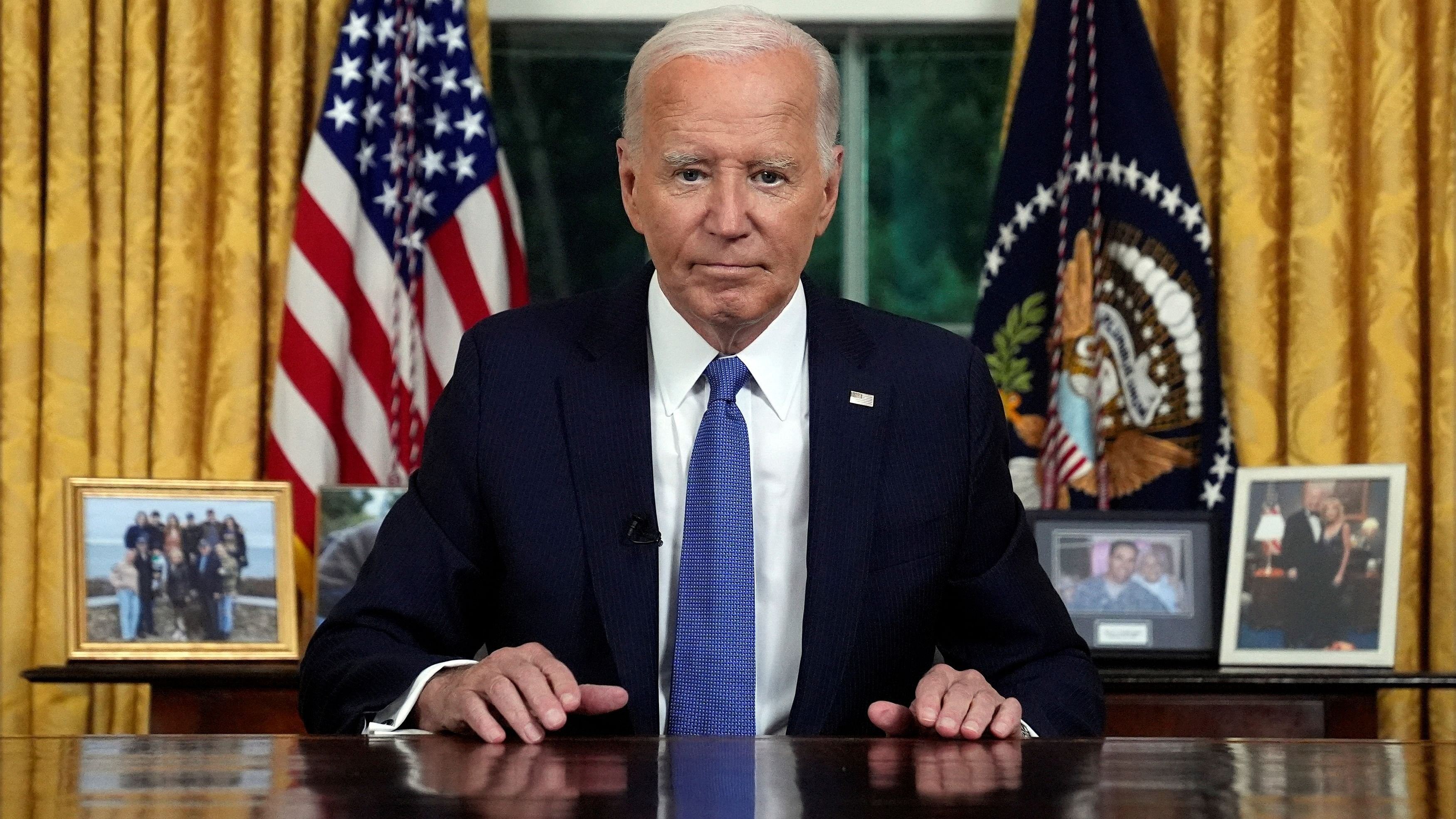 <div class="paragraphs"><p>US President Joe Biden pauses as he concludes his address to the nation from the Oval Office of the White House in Washington, about his decision to drop his Democratic presidential reelection bid.     </p></div>