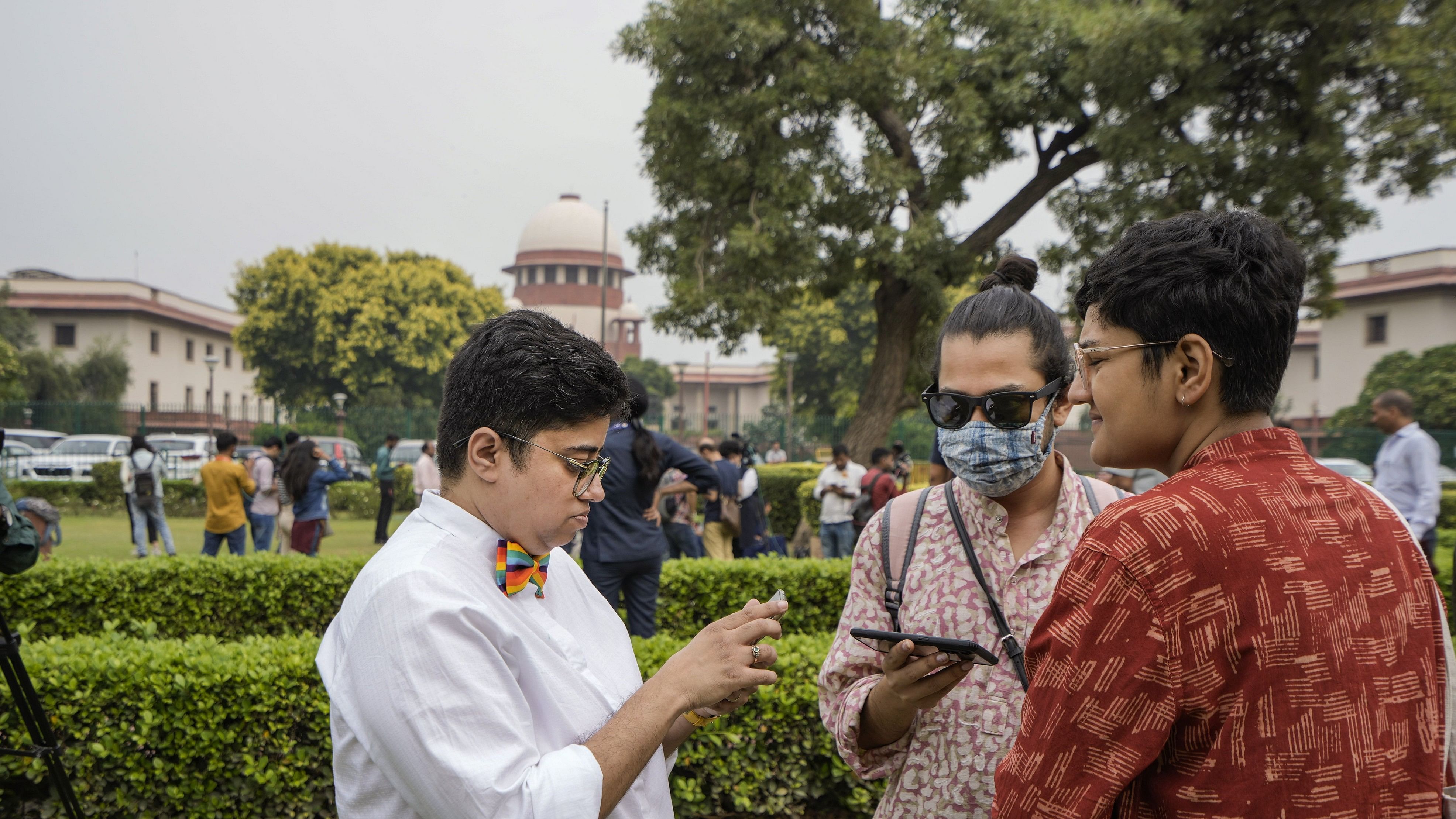 <div class="paragraphs"><p>LGBT rights activists and supporters on the premises of the Supreme Court during pronouncement of verdict on same-sex marriages by the apex court.</p></div>