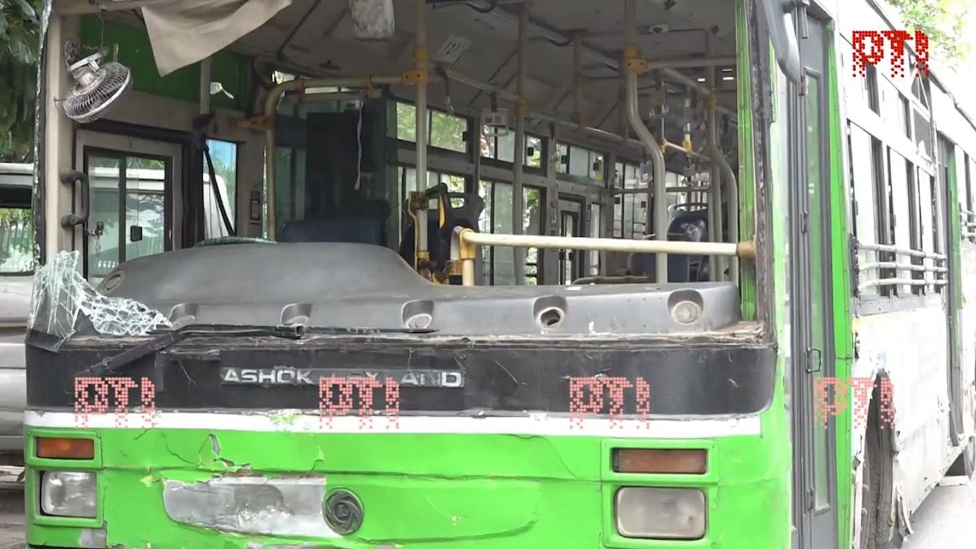 <div class="paragraphs"><p>Screengrab from a video showing the damaged DTC bus.</p></div>