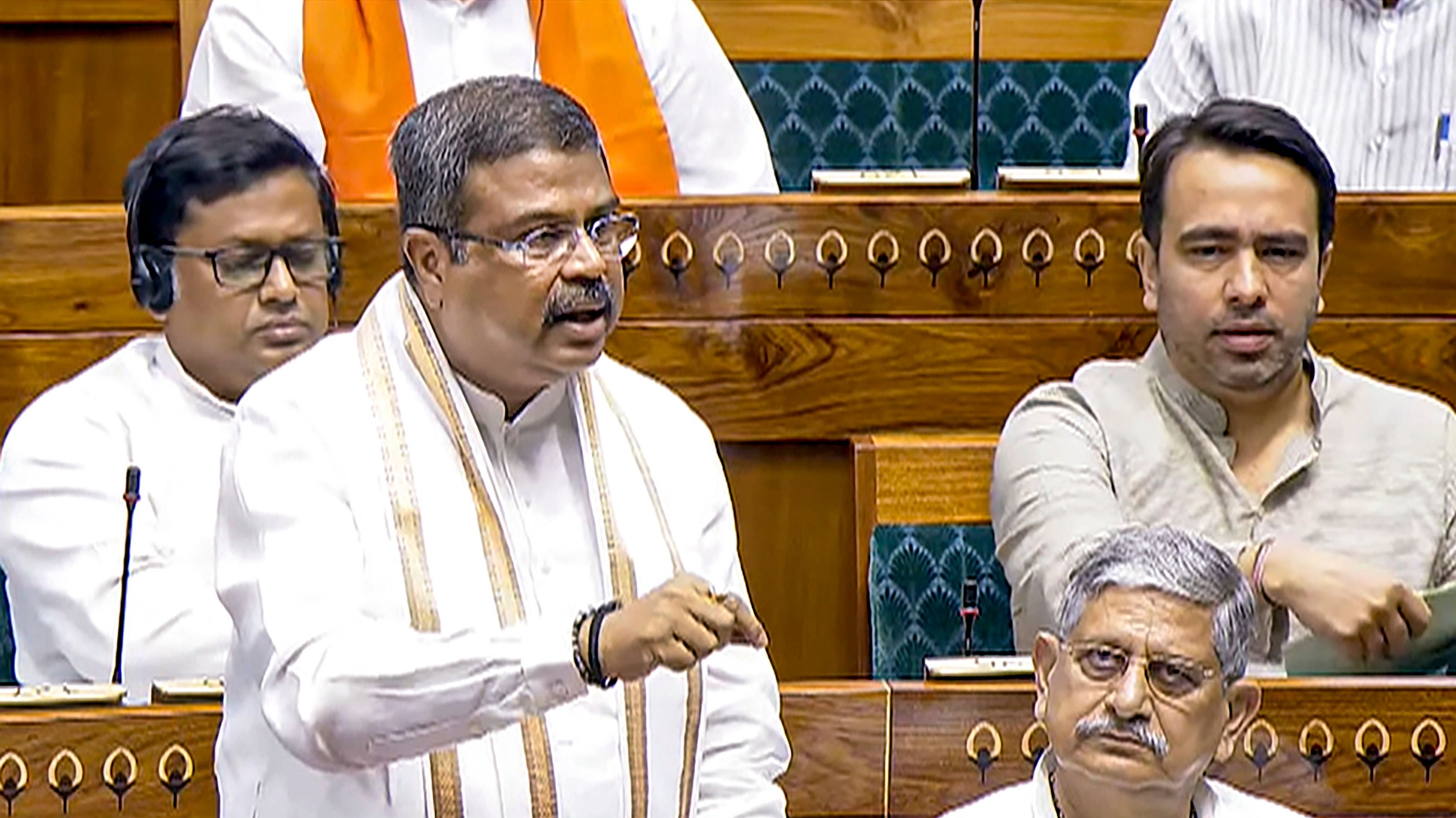 <div class="paragraphs"><p>Union Minister Dharmendra Pradhan speaks in the Lok Sabha during the first day of the Parliament session, in New Delhi, Monday, July 22, 2024. </p></div>