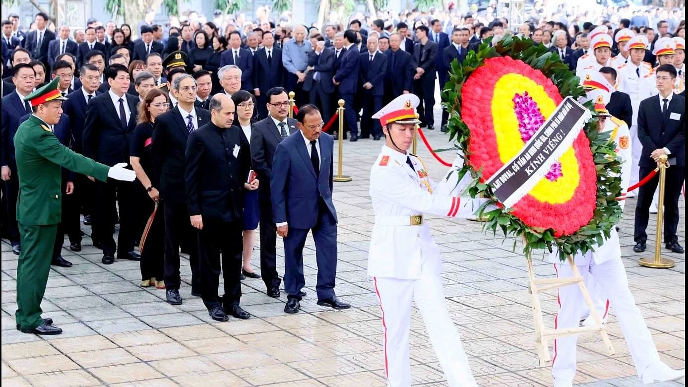 <div class="paragraphs"><p>National Security Adviser Ajit Doval attended today the state funeral of General Secretary H E Nguyen Phu Trong in Hanoi and conveyed India's condolences personally to President H E To Lam, Prime Minister H E Pham Minh Chinh and bereaved family.</p></div>