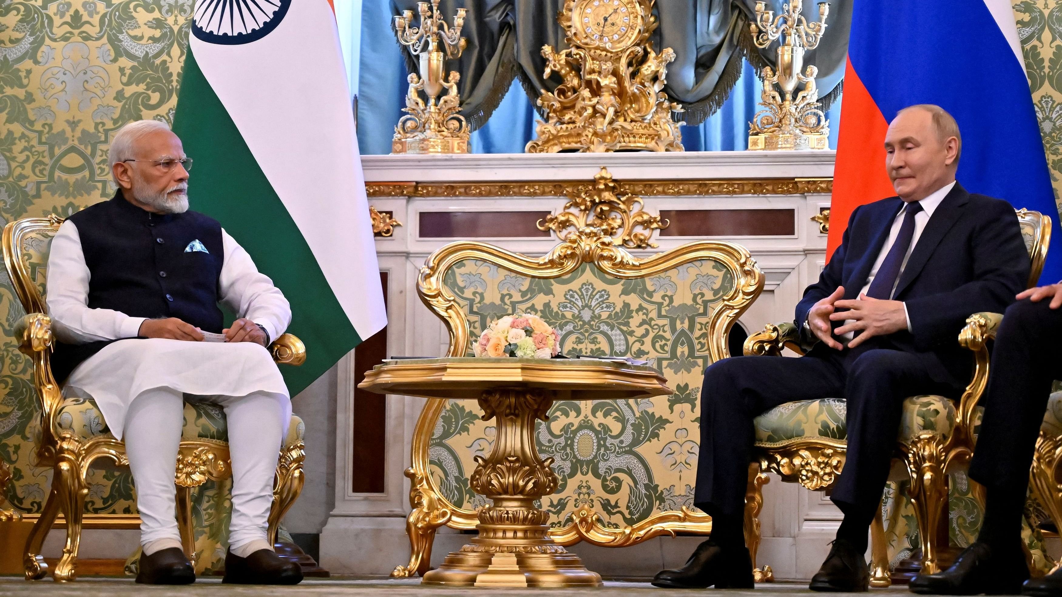 <div class="paragraphs"><p>Russia's President Vladimir Putin and India's Prime Minister Narendra Modi attend a meeting at the Kremlin in Moscow, Russia July 9, 2024. </p></div>