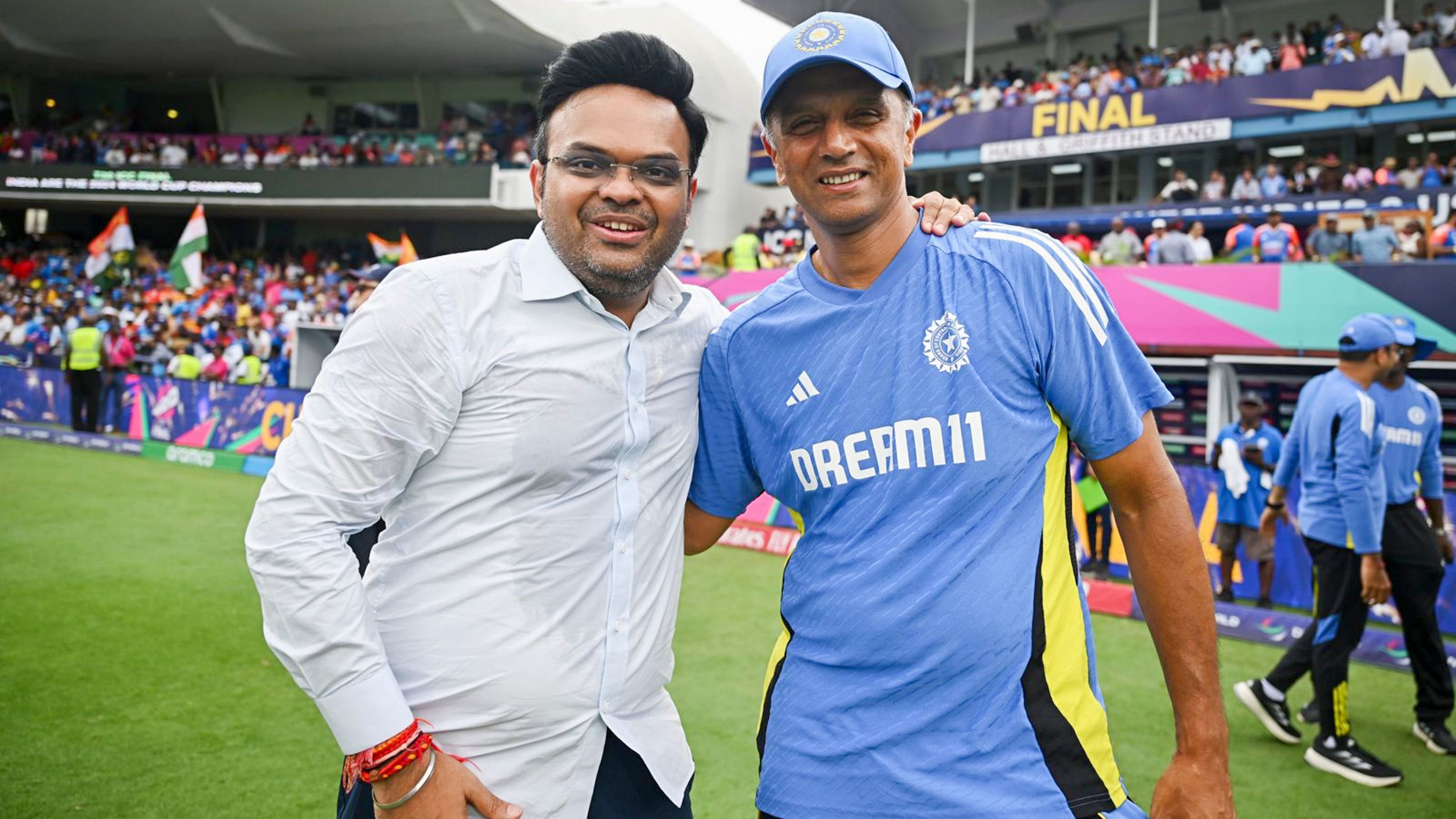 <div class="paragraphs"><p>India's outgoing Head Coach Rahul Dravid with BCCI Secretary Jay Shah during celebration after India defeated South Africa in the ICC Men's T20 World Cup final cricket match, at Kensington Oval, in Bridgetown, Barbados, Sunday, June 30, 2024. </p></div>