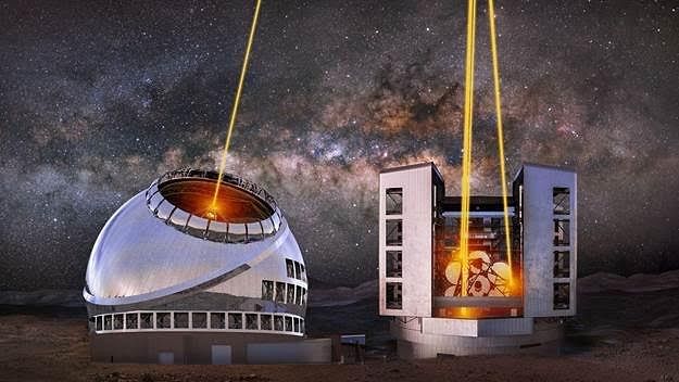 <div class="paragraphs"><p>An artist's impression of TMT and ELT (European Southern Observatory's Extremely Large Telescope, coming up in Chile) using lasers to create artificial guide stars.</p></div>