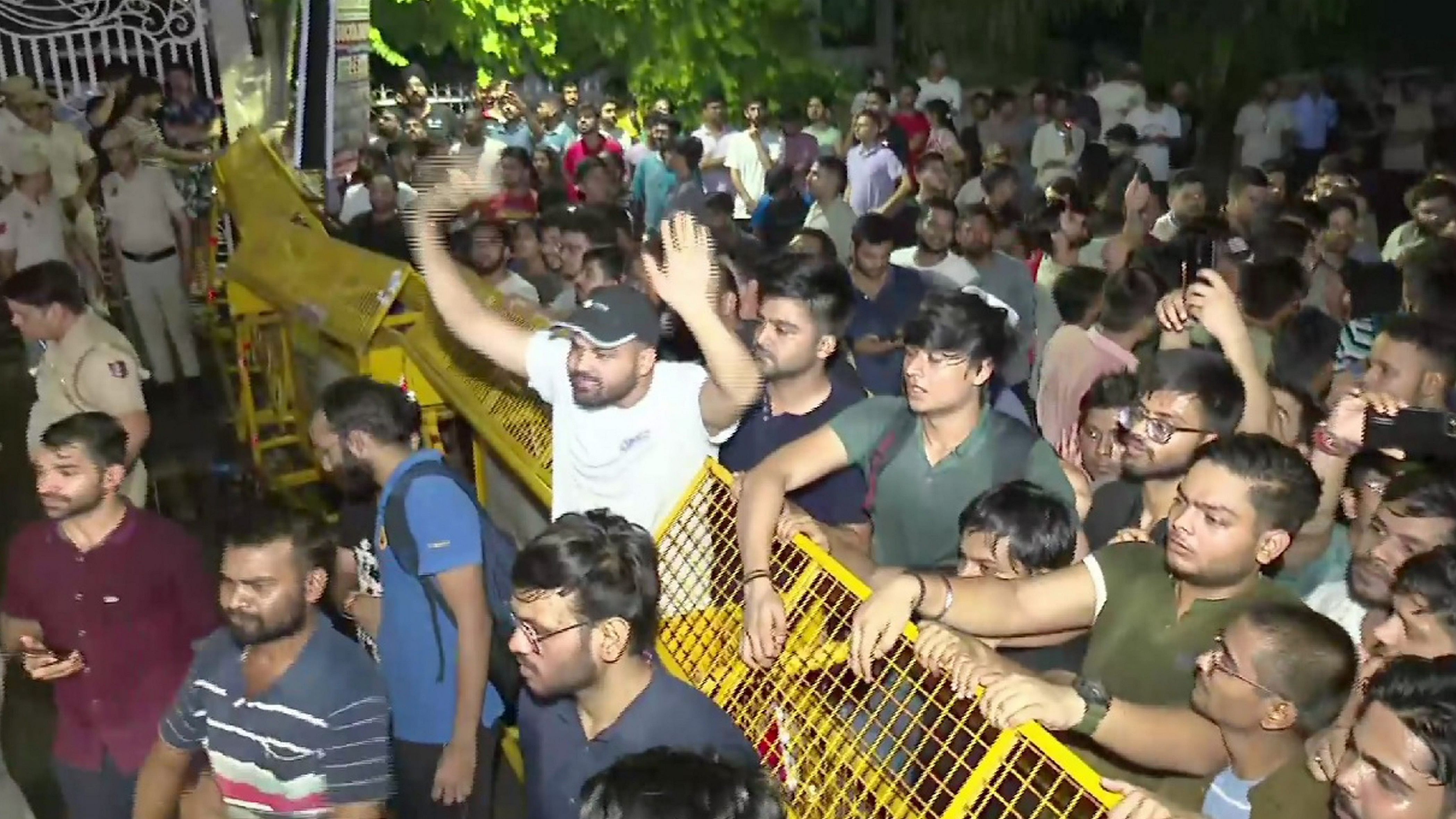 <div class="paragraphs"><p> Students protest over death of civil services aspirants after the basement of a building housing a coaching centre was flooded following heavy rainfall, in Delhi's Old Rajinder Nagar area, Sunday, July 28, 2024. </p></div>