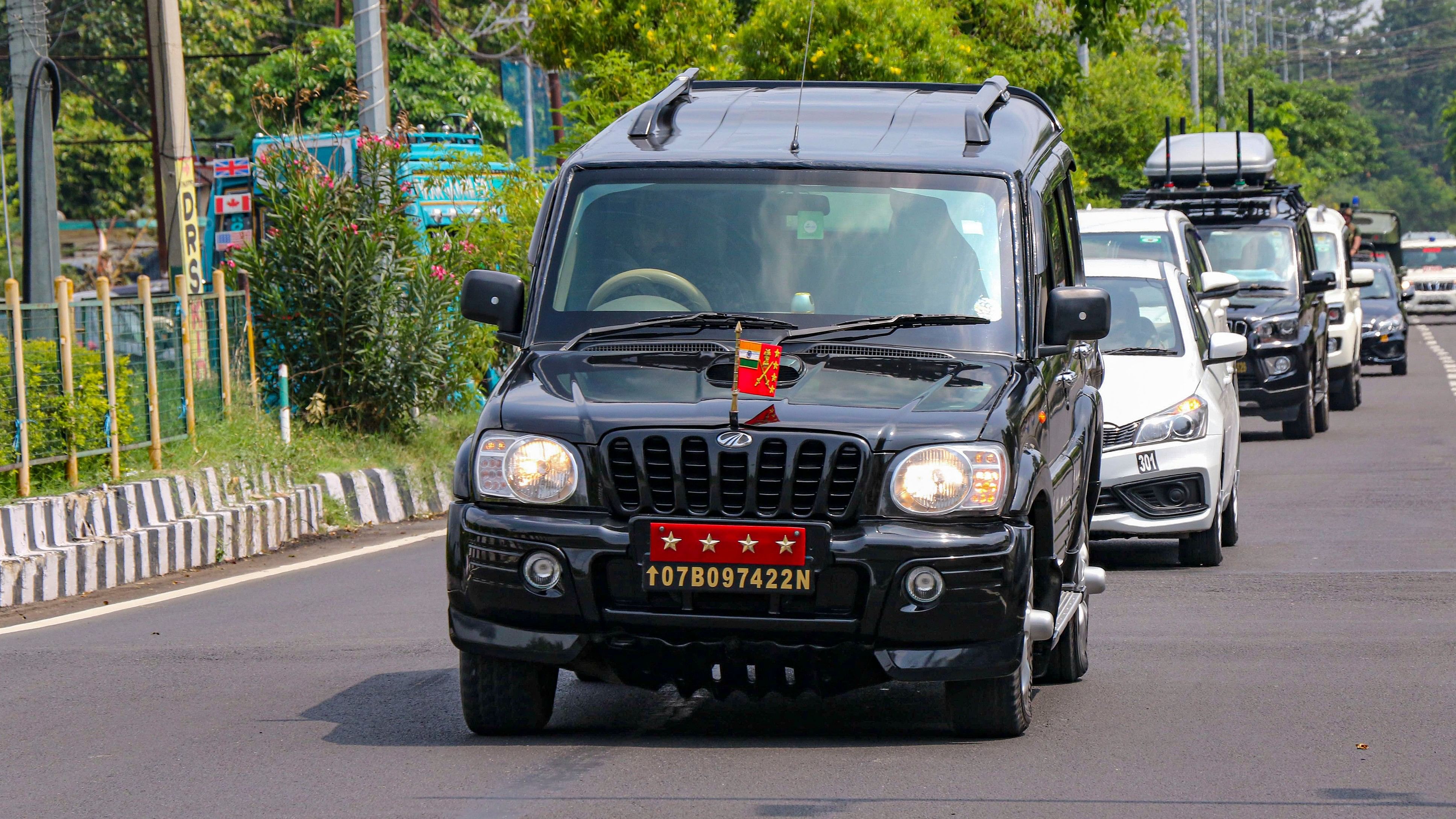 <div class="paragraphs"><p>Jammu: A convoy of Chief of the Army Staff General Upendra Dwivedi arrives at the Police headquarters for a meeting, in Jammu, Saturday, July 20, 2024. </p></div>