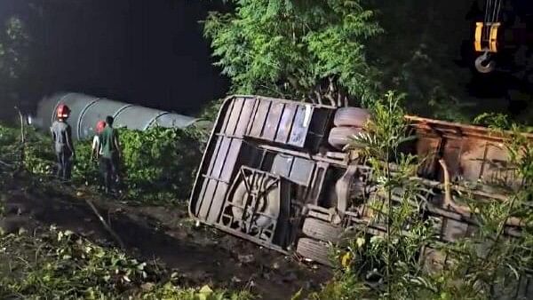 <div class="paragraphs"><p>Rescue work underway after a collision between a bus and a tractor on the Mumbai-Pune Expressway, on Tuesday, July 16, 2024. </p></div>