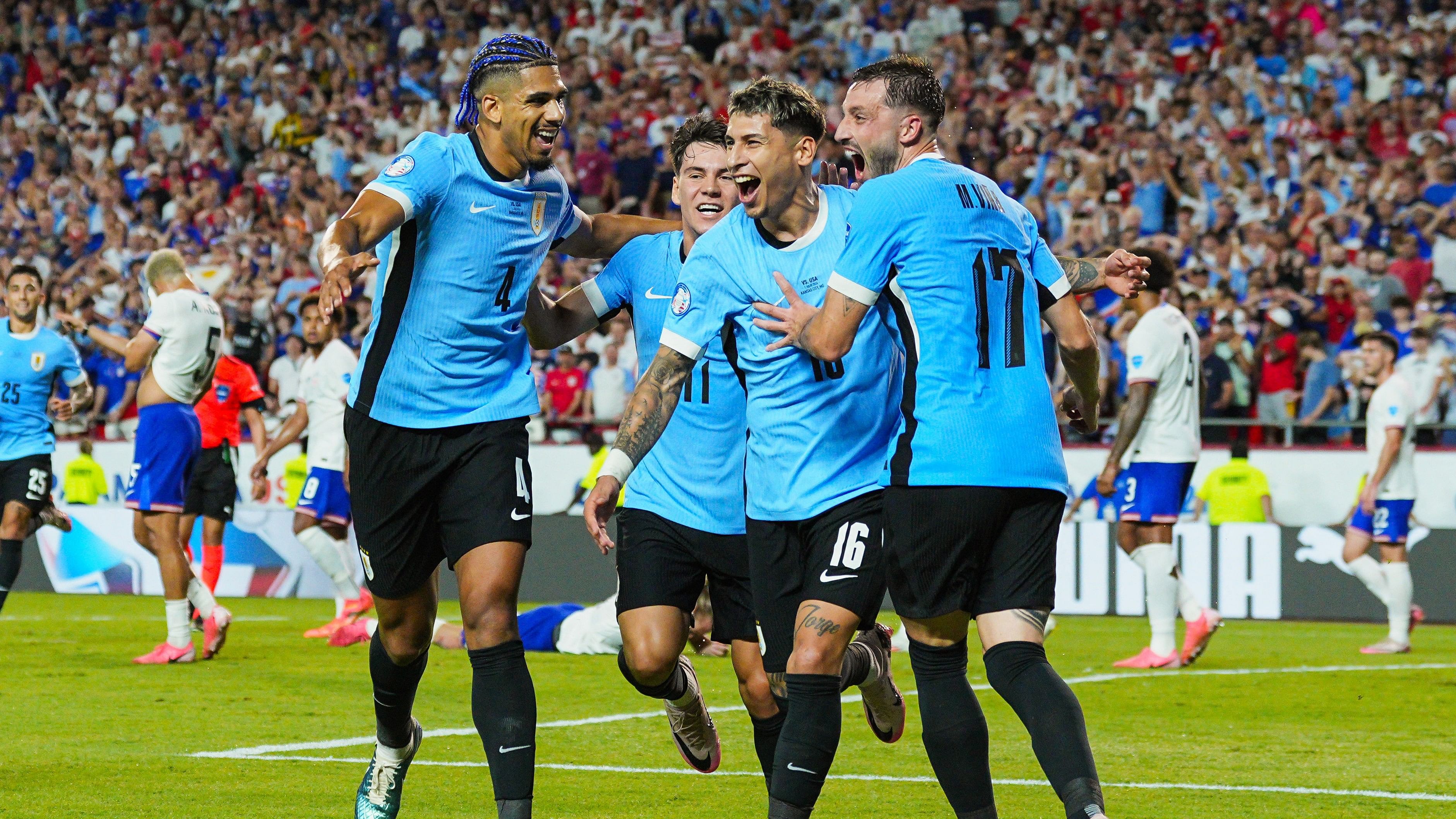 <div class="paragraphs"><p>Uruguay players celebrate their team's goal against the US in Copa America 2024.</p></div>