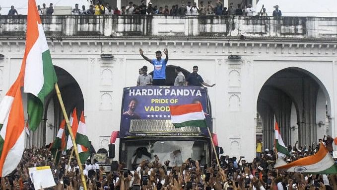 <div class="paragraphs"><p>Hardik Pandya at his welcome parade in Vadodara.</p></div>