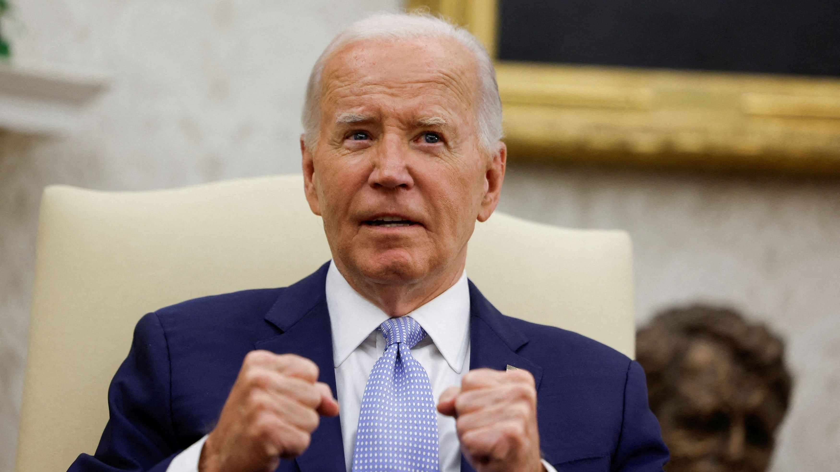 <div class="paragraphs"><p>US President Joe Biden gestures as he hosts a bilateral meeting with Britain's new Prime Minister Keir Starmer, on the sidelines of NATO's 75th anniversary summit, in the Oval Office at the White House in Washington.</p></div>