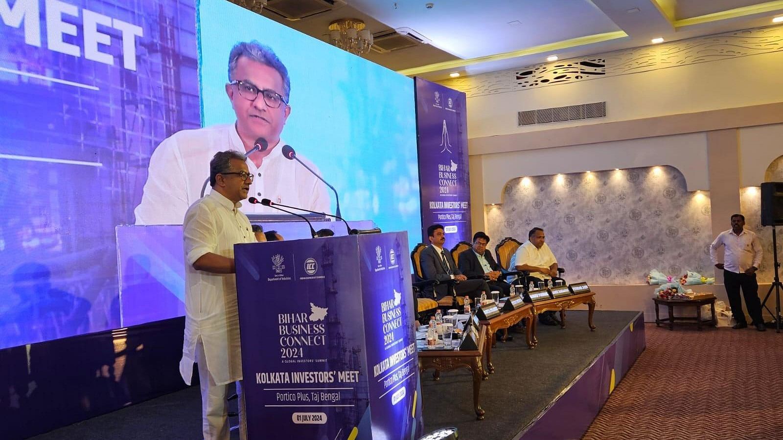 <div class="paragraphs"><p>State Industries and Tourism Minister Nitish Mishra speaking at the 'Bihar Business Connect 2024 - Kolkata Investors Meet' held at Hotel Taj Bengal, Kolkata on Monday.</p></div>